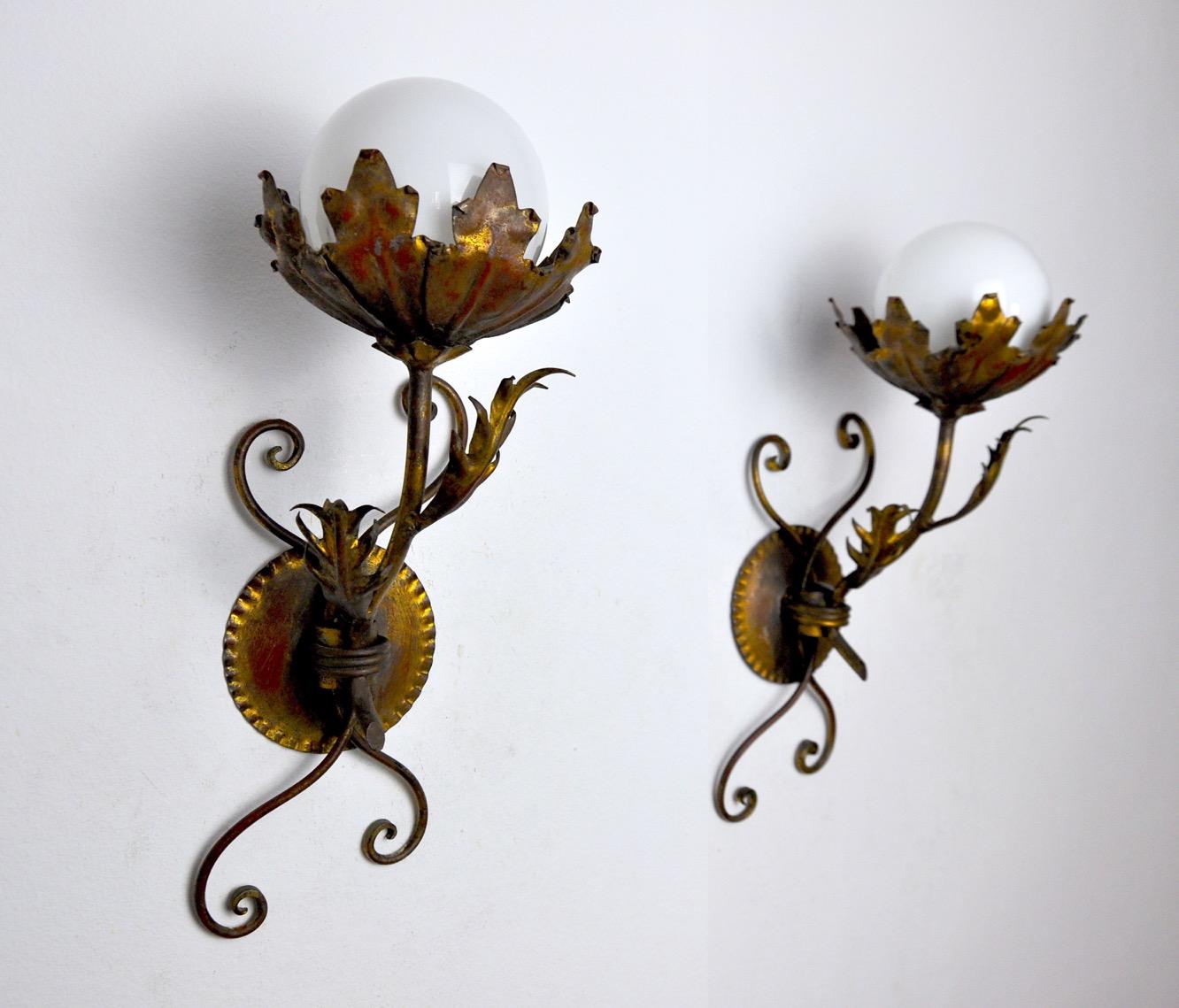 Spanish Pair of Floral Sconces by Ferro Arte, Spain, 1960 For Sale