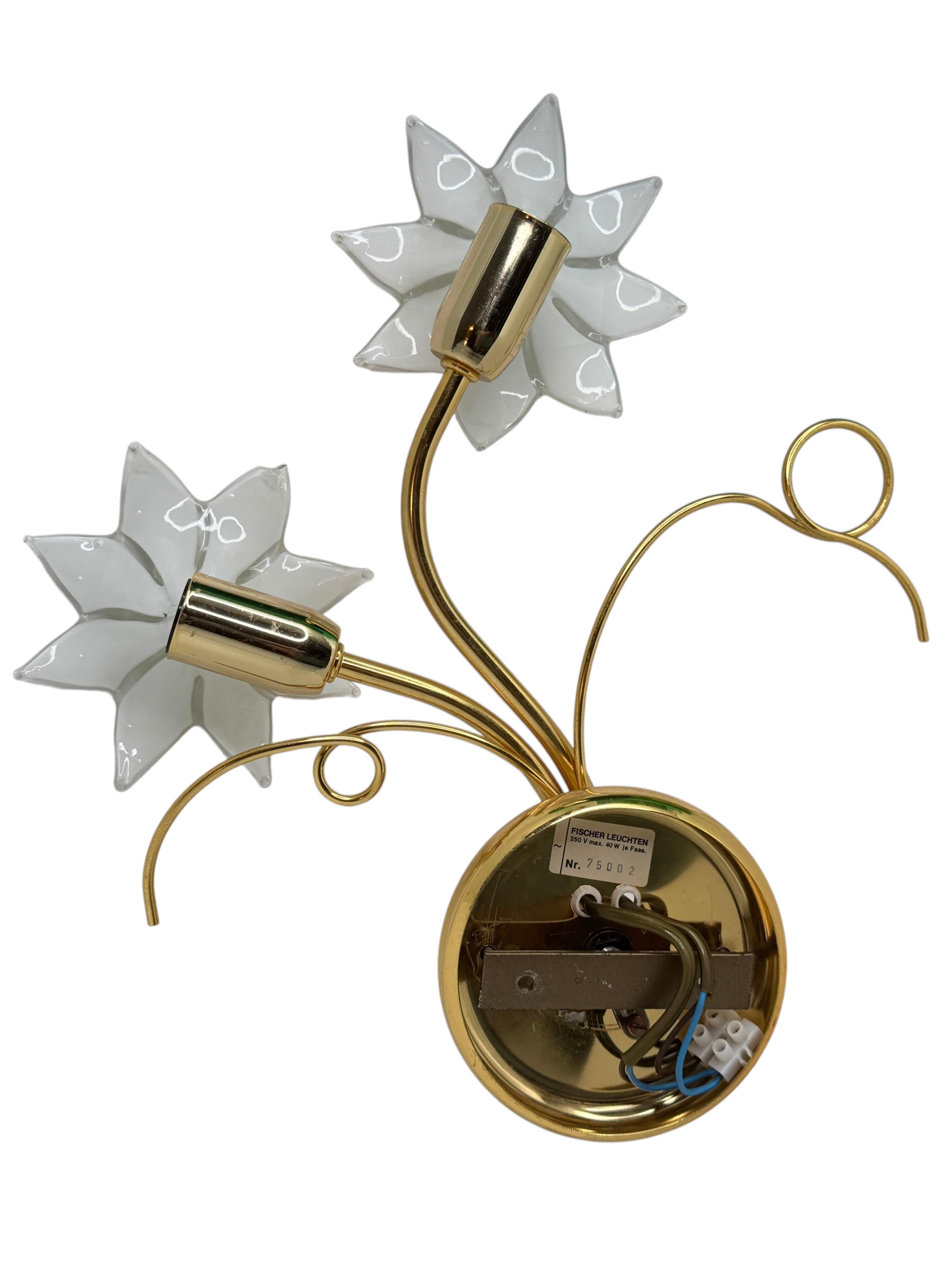 Pair of Floral Sconces, Vintage Brass & Glas Wall Lights 1980s Fischer Leuchten For Sale 3