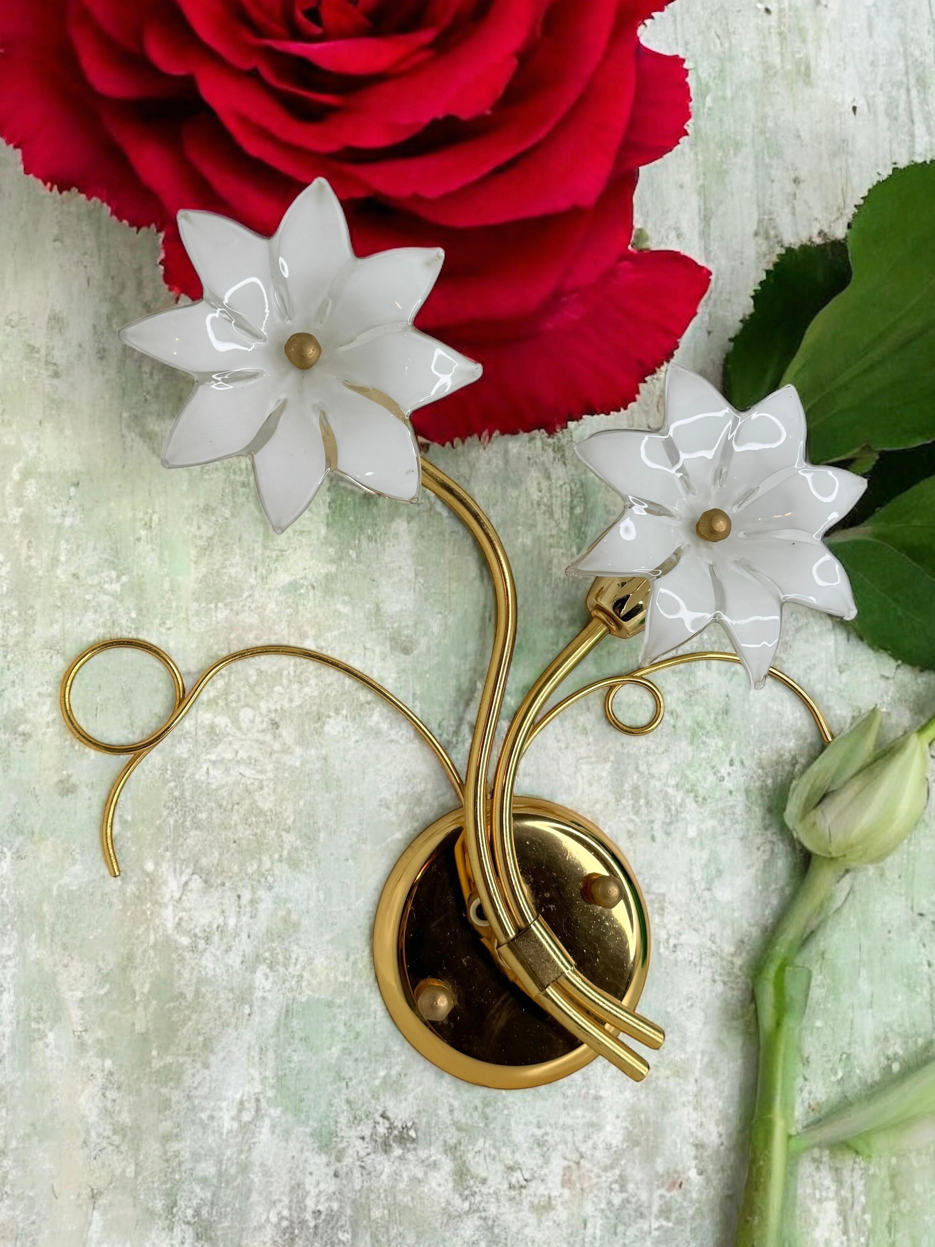 Pair of Floral Sconces, Vintage Brass & Glas Wall Lights 1980s Fischer Leuchten For Sale 5