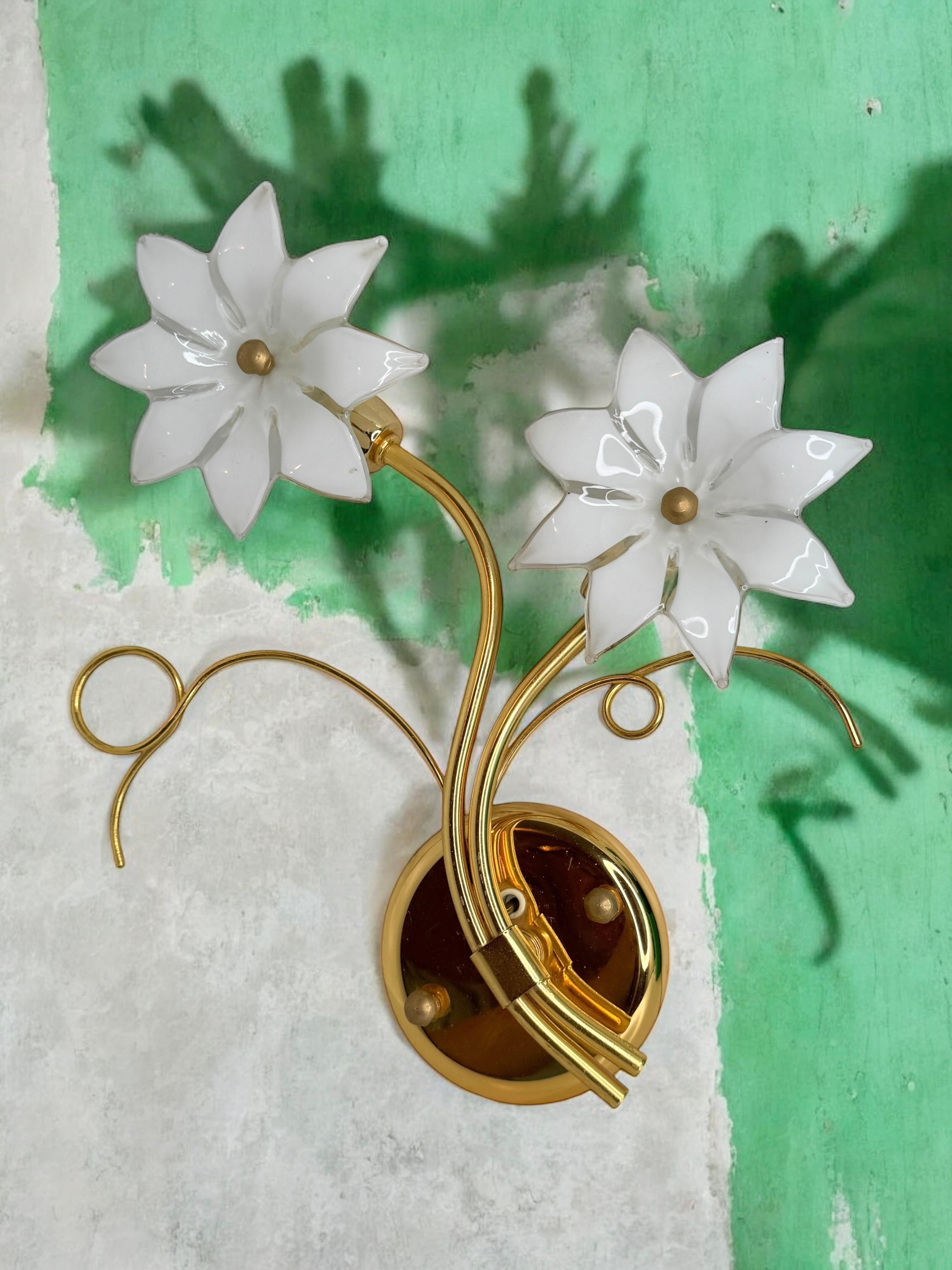 Pair of Floral Sconces, Vintage Brass & Glas Wall Lights 1980s Fischer Leuchten For Sale 6