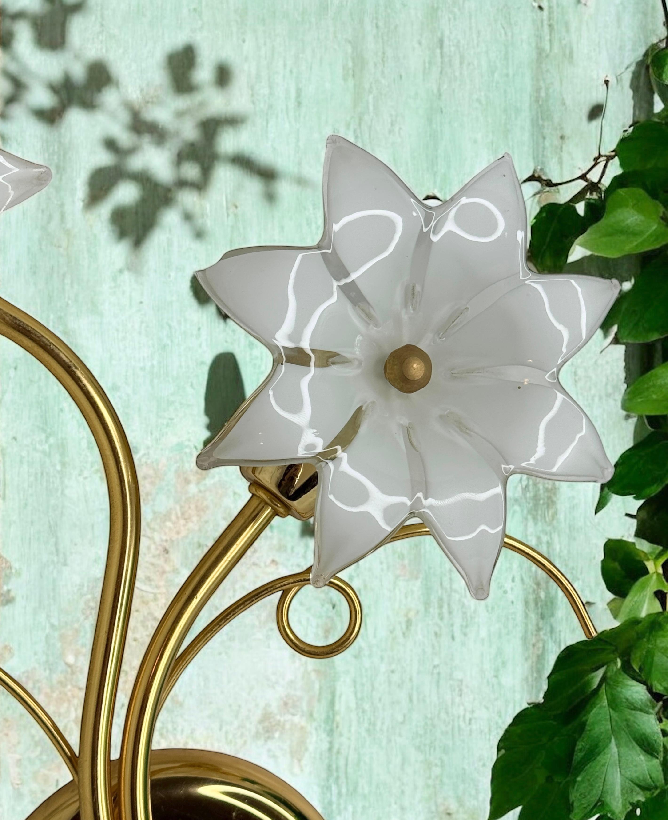 Pair of Floral Sconces, Vintage Brass & Glas Wall Lights 1980s Fischer Leuchten For Sale 7