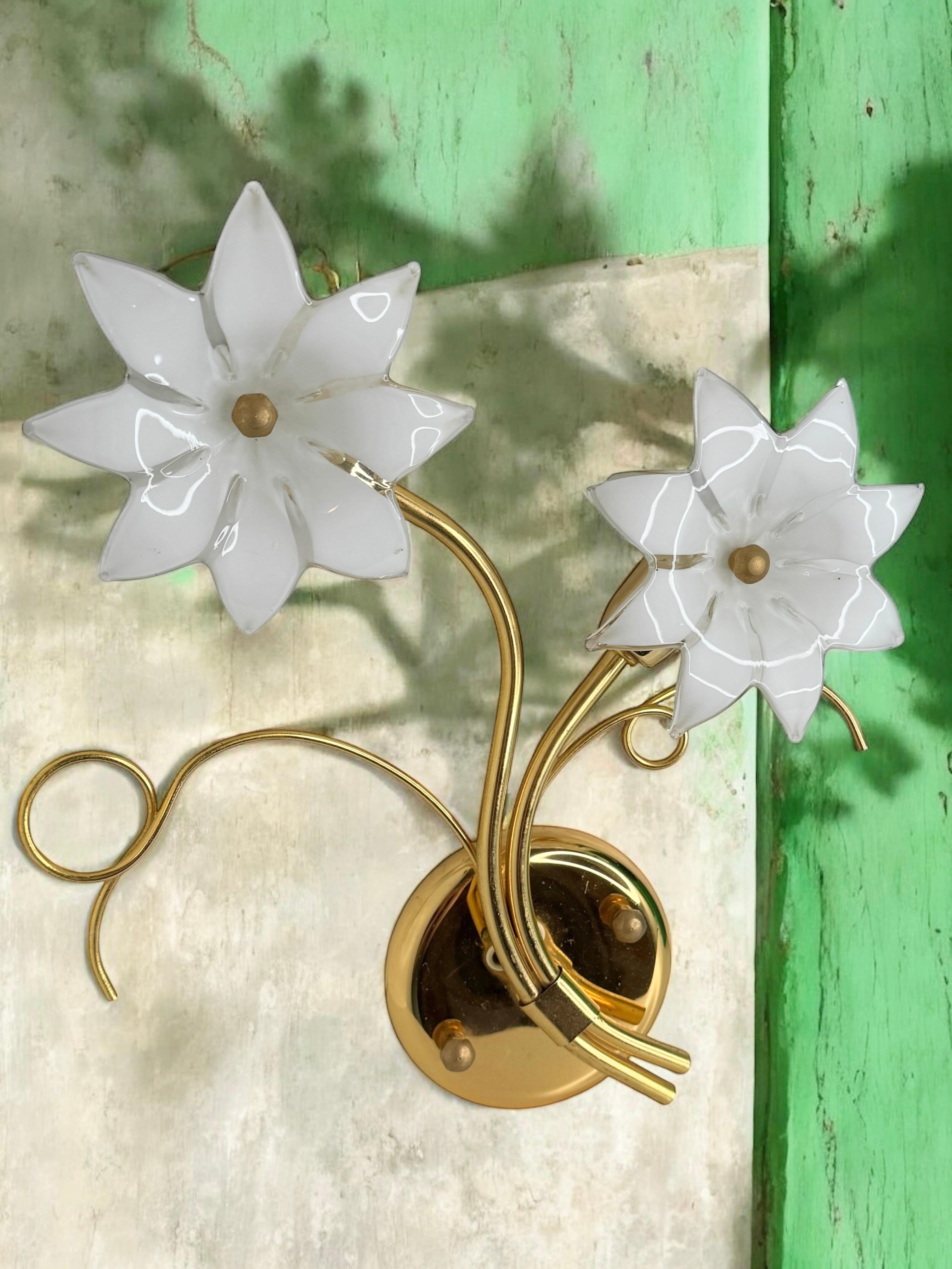 Pair of Floral Sconces, Vintage Brass & Glas Wall Lights 1980s Fischer Leuchten For Sale 9