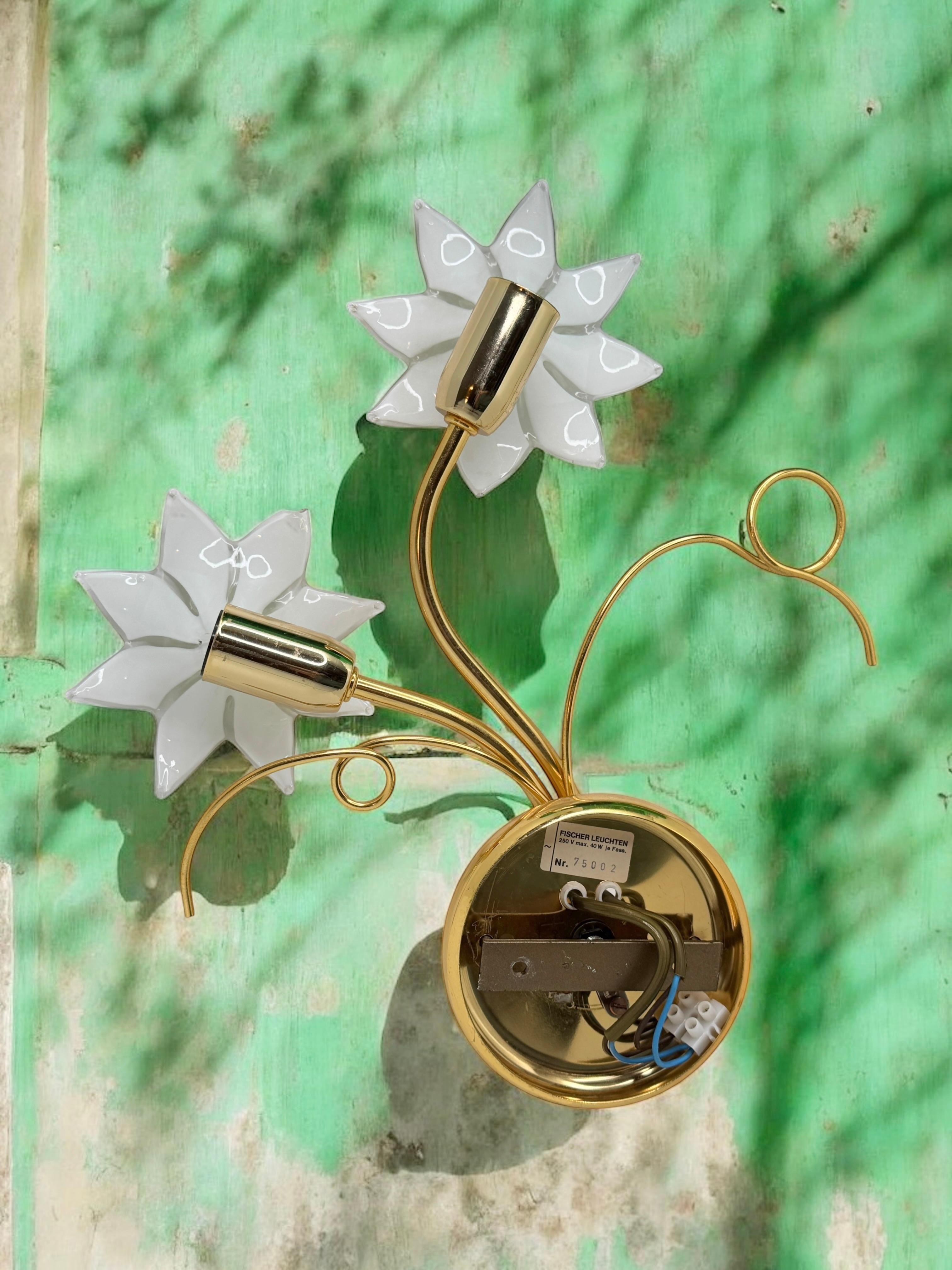 Pair of Floral Sconces, Vintage Brass & Glas Wall Lights 1980s Fischer Leuchten For Sale 10