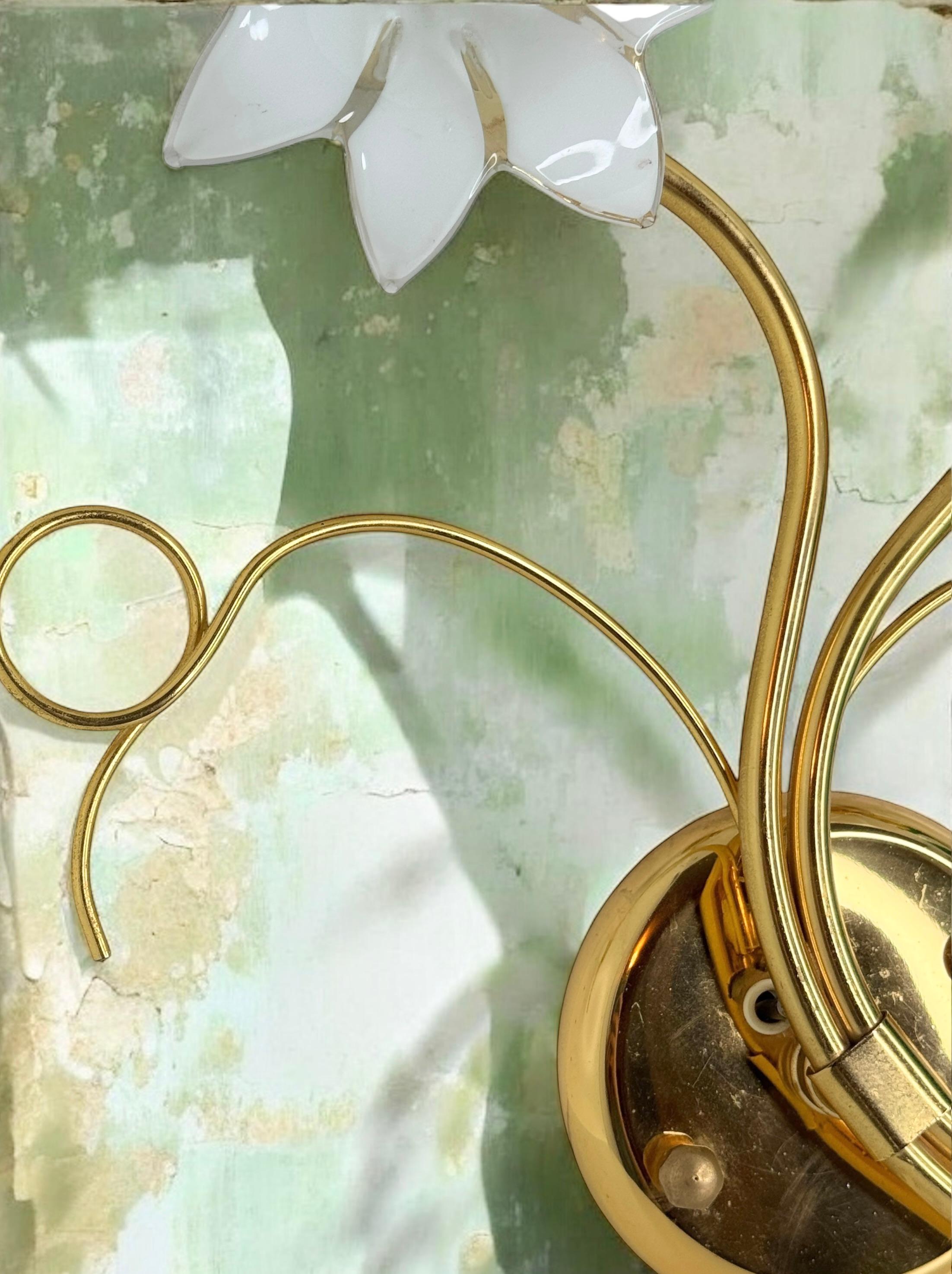Pair of Floral Sconces, Vintage Brass & Glas Wall Lights 1980s Fischer Leuchten For Sale 12