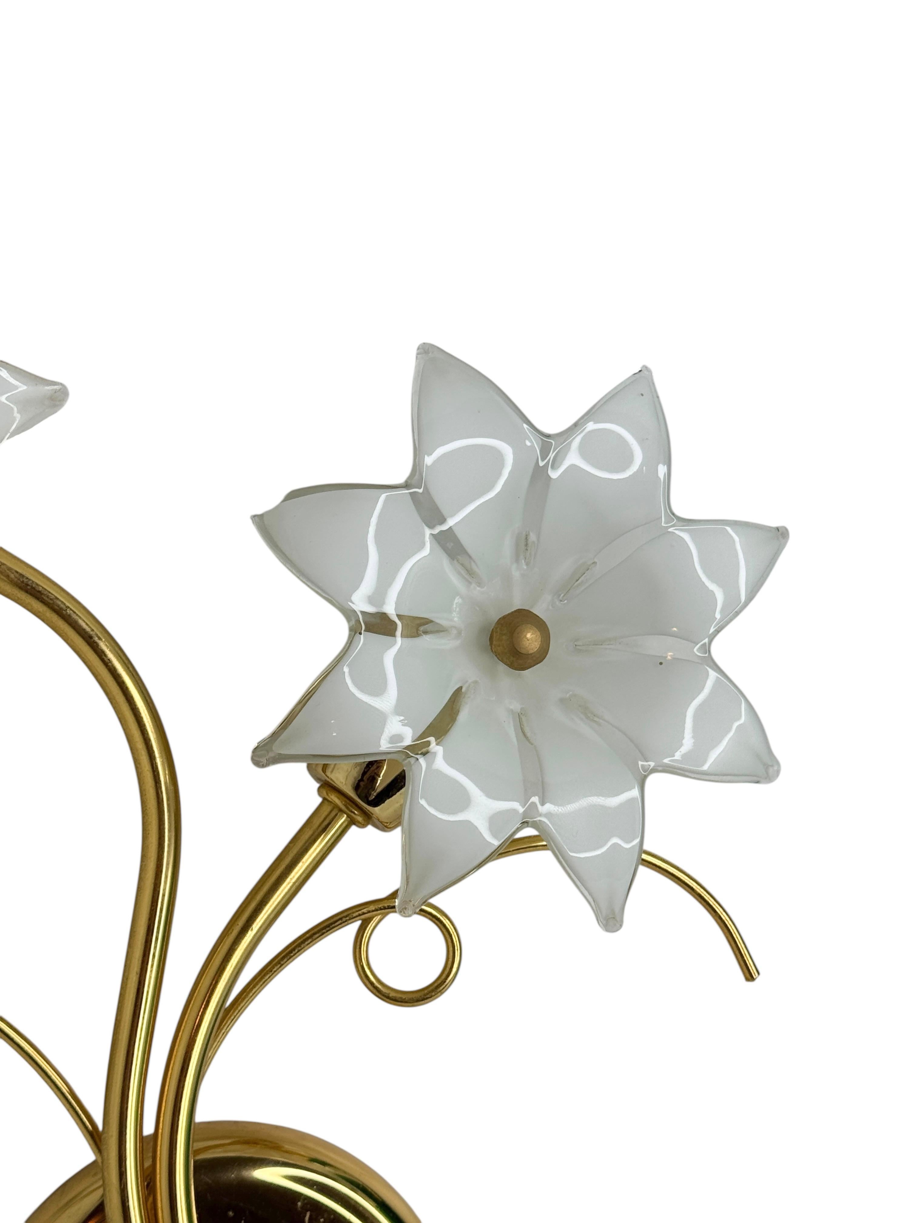 Late 20th Century Pair of Floral Sconces, Vintage Brass & Glas Wall Lights 1980s Fischer Leuchten For Sale