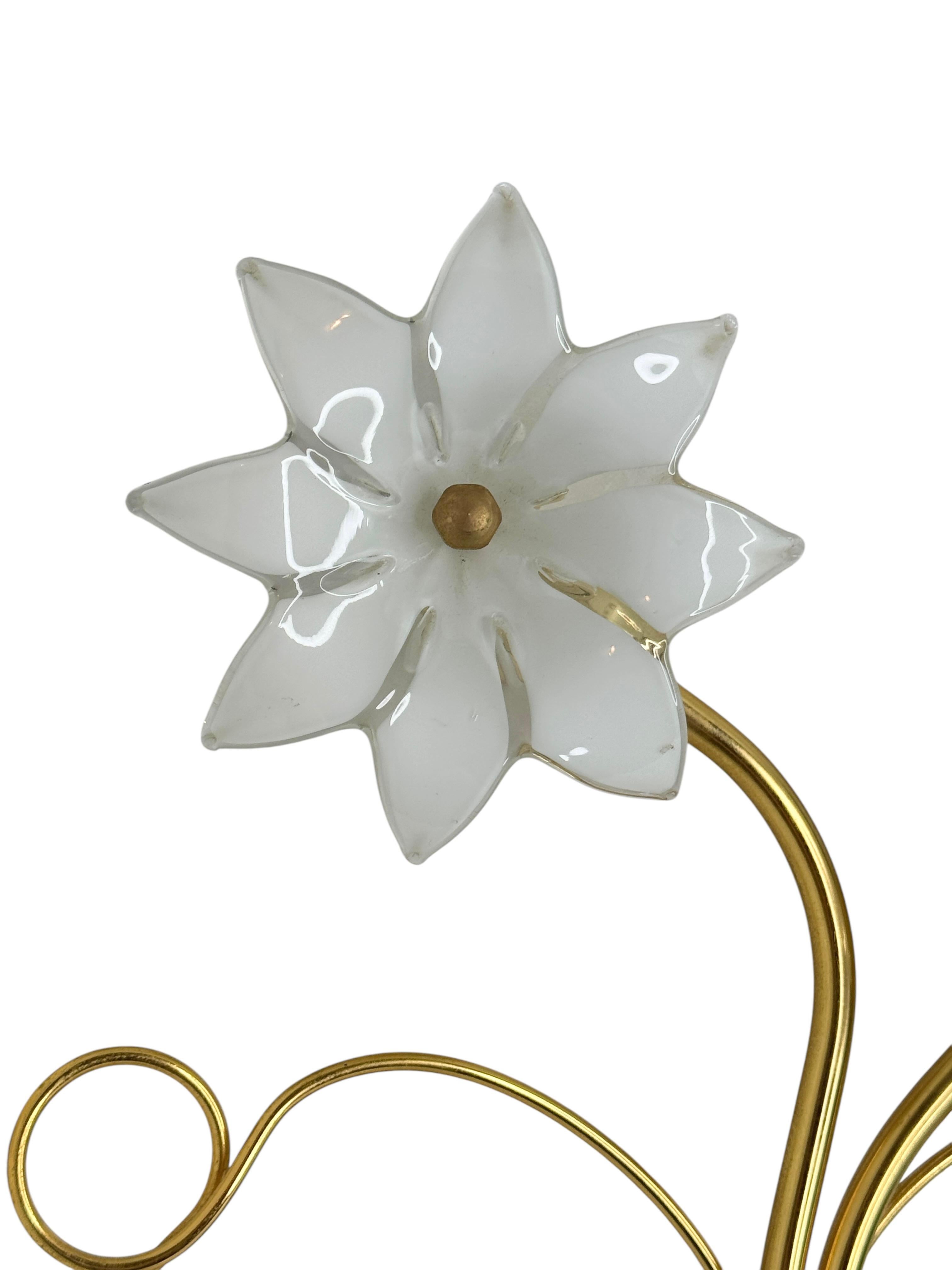 Metal Pair of Floral Sconces, Vintage Brass & Glas Wall Lights 1980s Fischer Leuchten For Sale