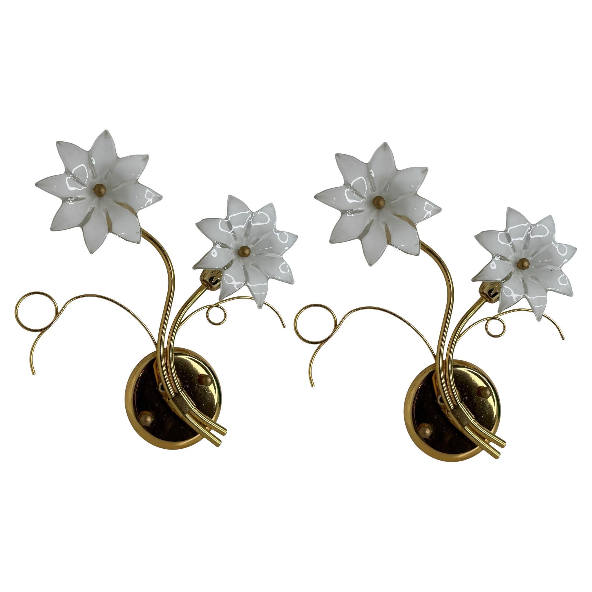 Pair of Floral Sconces, Vintage Brass & Glas Wall Lights 1980s Fischer Leuchten