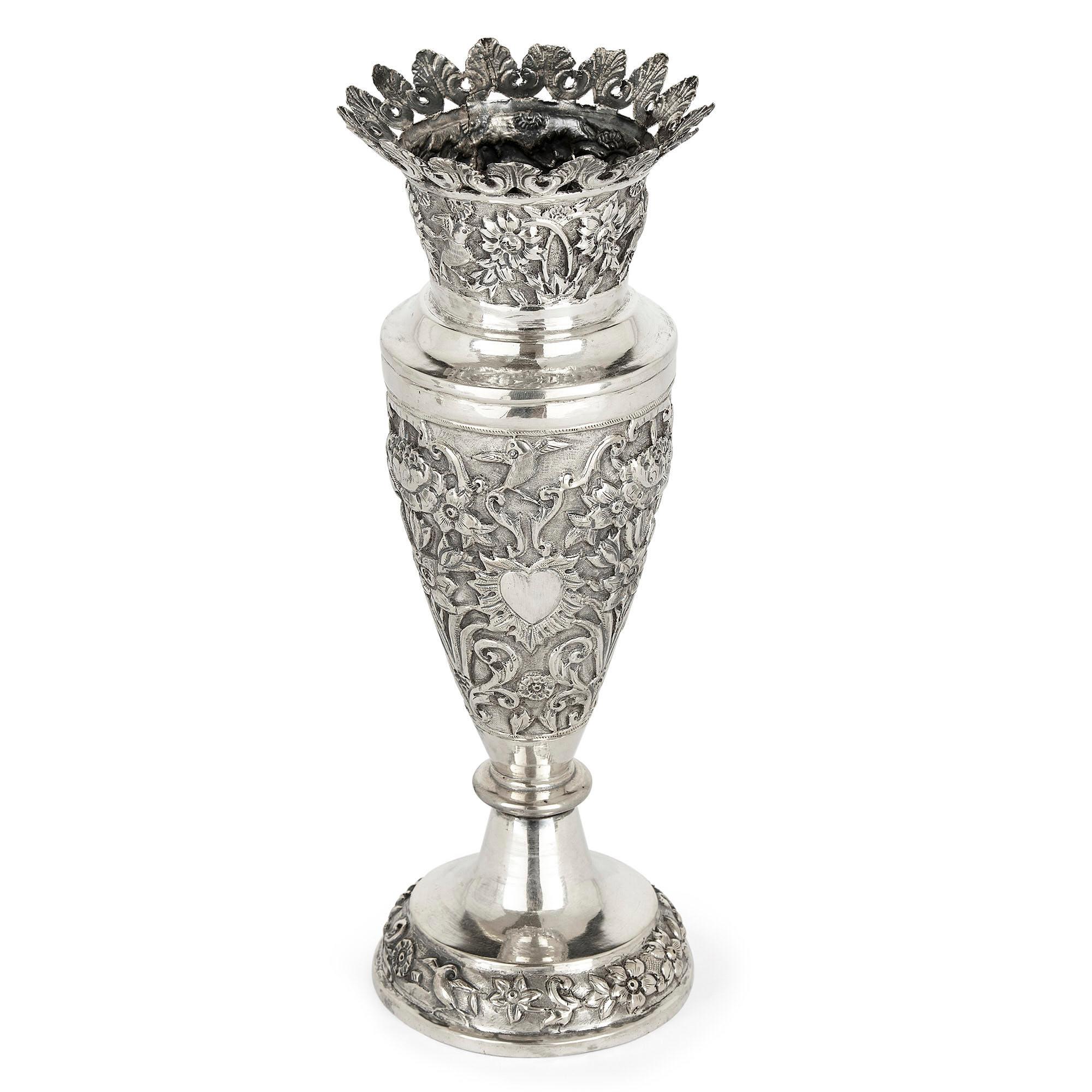 Persian Pair of Floral Silver Vases Produced in Qajar Persia For Sale