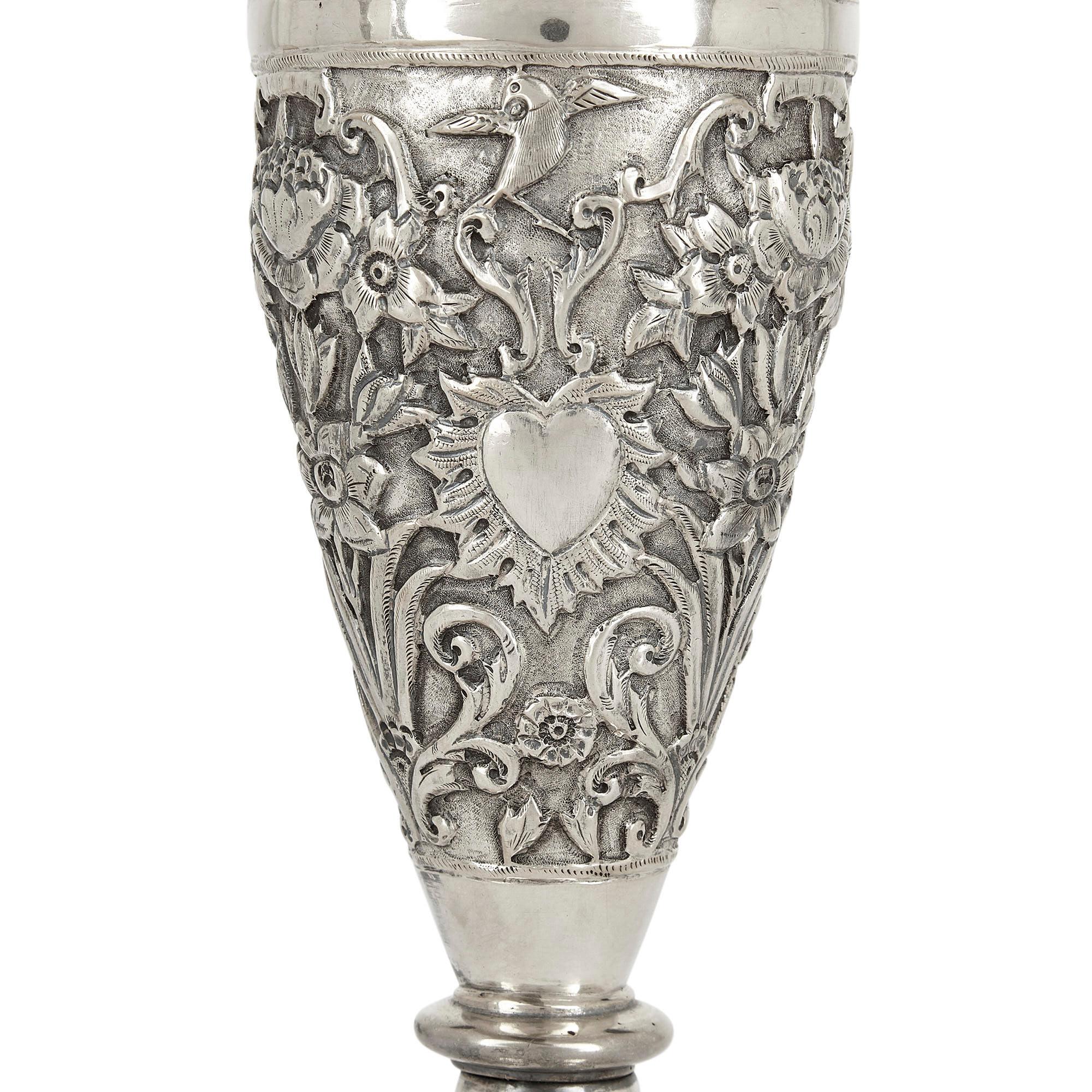 Pair of Floral Silver Vases Produced in Qajar Persia In Good Condition For Sale In London, GB