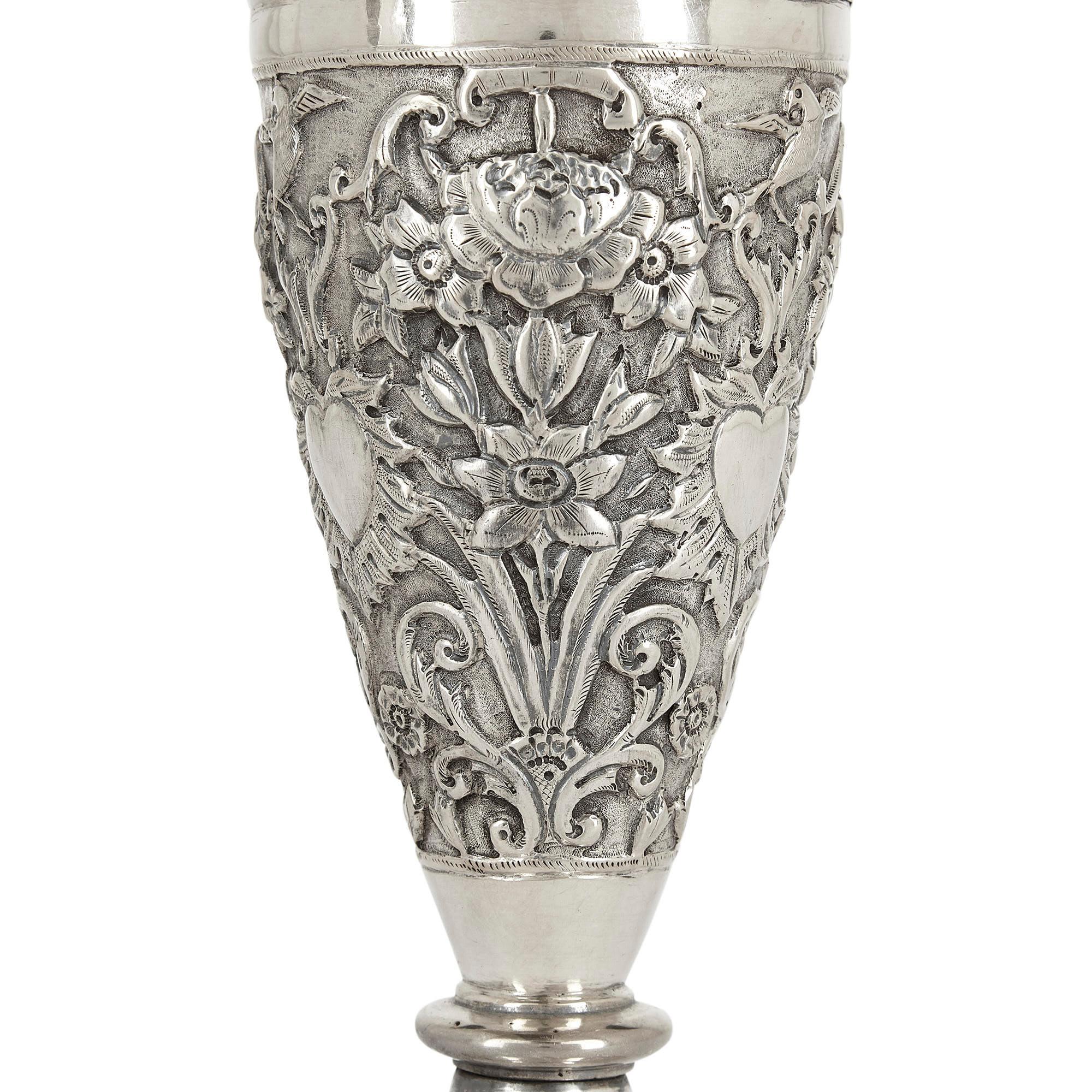 19th Century Pair of Floral Silver Vases Produced in Qajar Persia For Sale