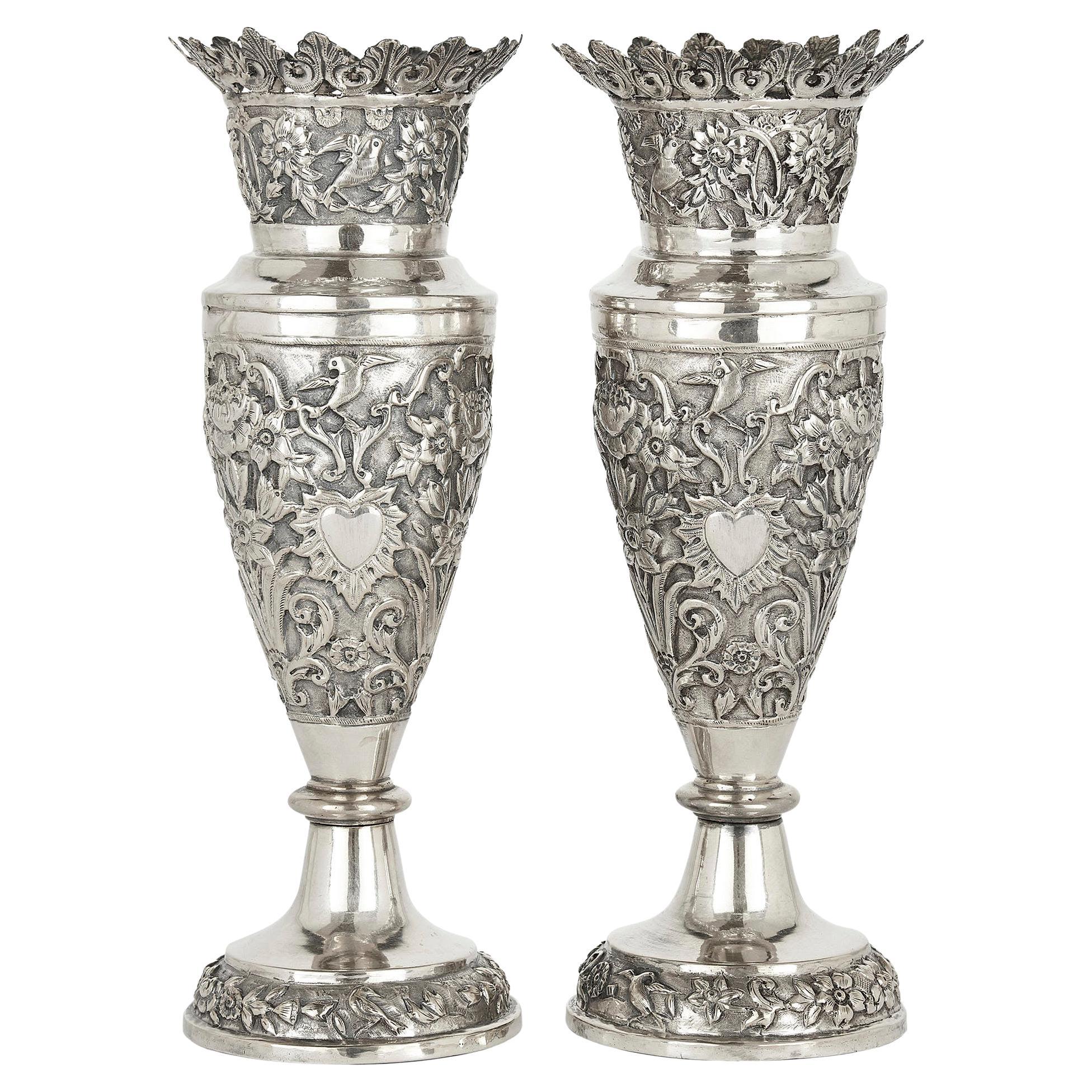 Pair of Floral Silver Vases Produced in Qajar Persia For Sale