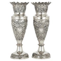 Pair of Floral Silver Vases Produced in Qajar Persia