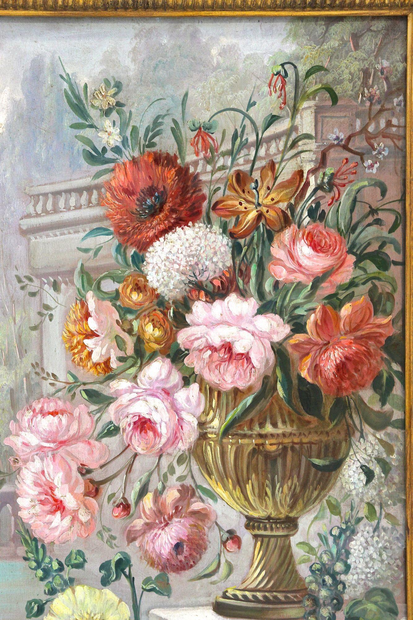 Pair Of Floral Still Life Oil Paintings, Signed V. Landi, Framed, IT ca. 1990 For Sale 6