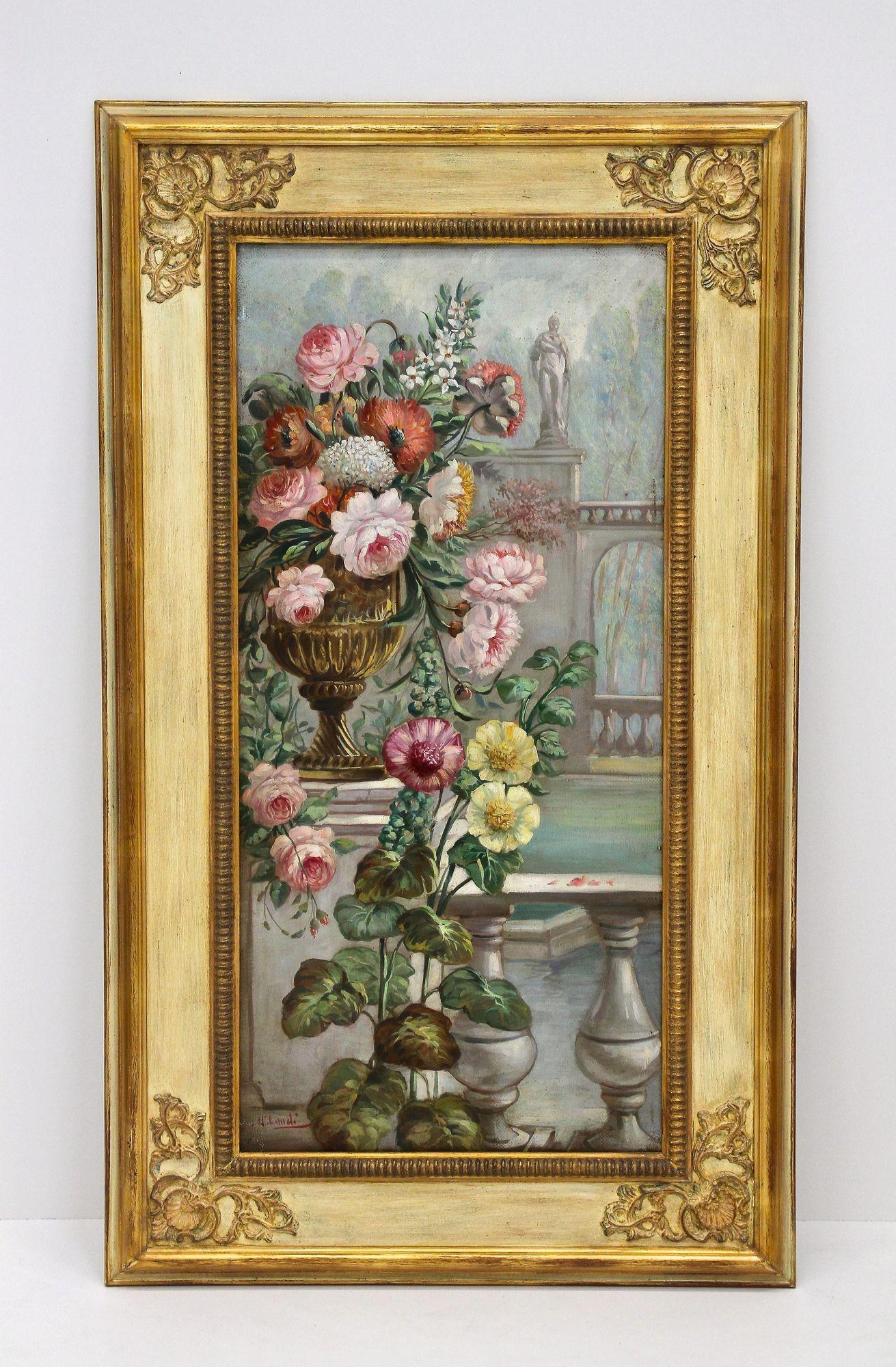 Pair of highly decorative, large oil on canvas floral still life paintings by Italian painting artist Vittorio Landi. Framed in artfully crafted beige and gilt wood/stucco frames, perfectly matching to the beautiful oil paintings, this paintings