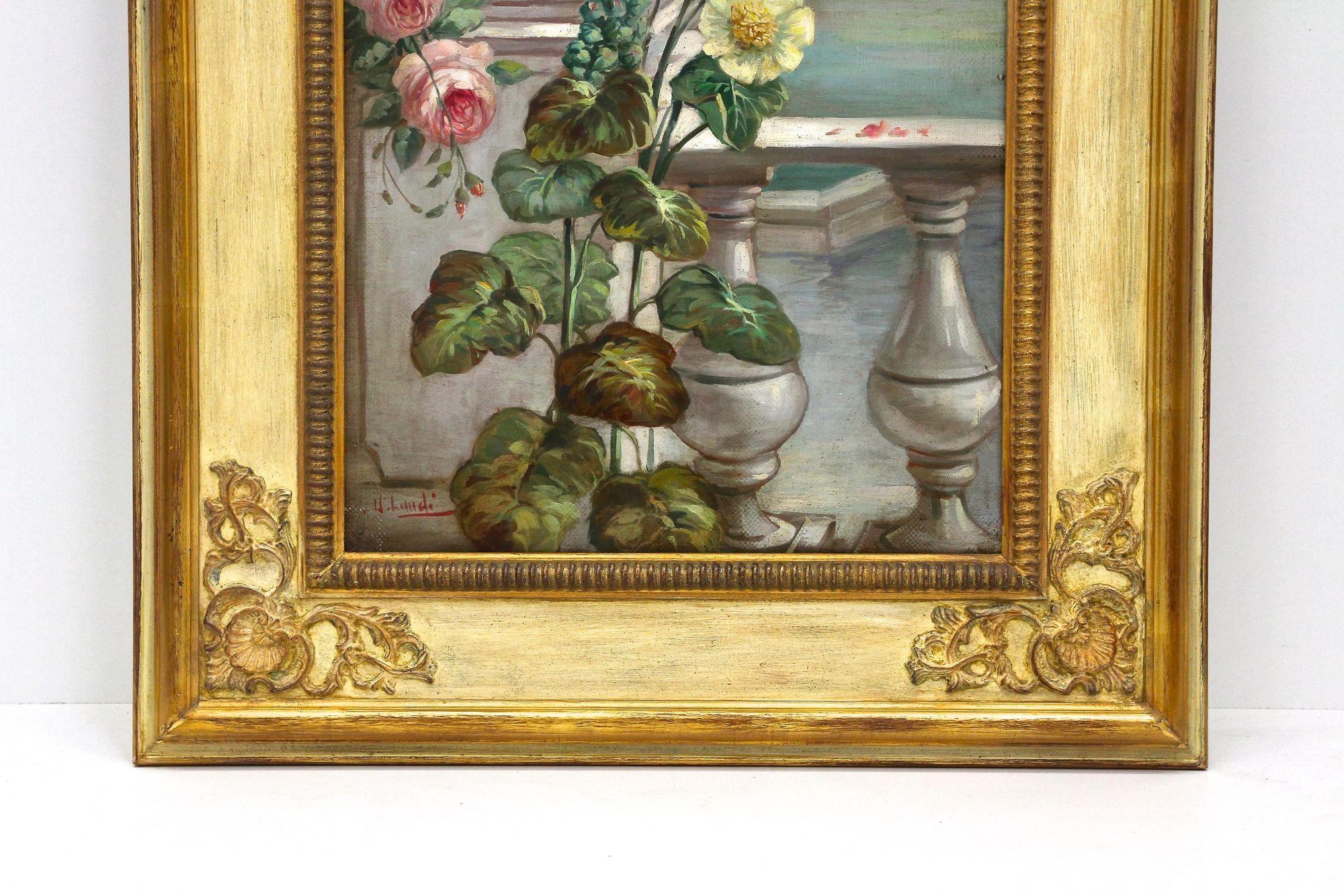 Italian Pair Of Floral Still Life Oil Paintings, Signed V. Landi, Framed, IT ca. 1990 For Sale