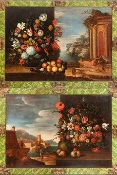 Coppia di nature morte floreali con paesaggi idealizzati, scuola romana