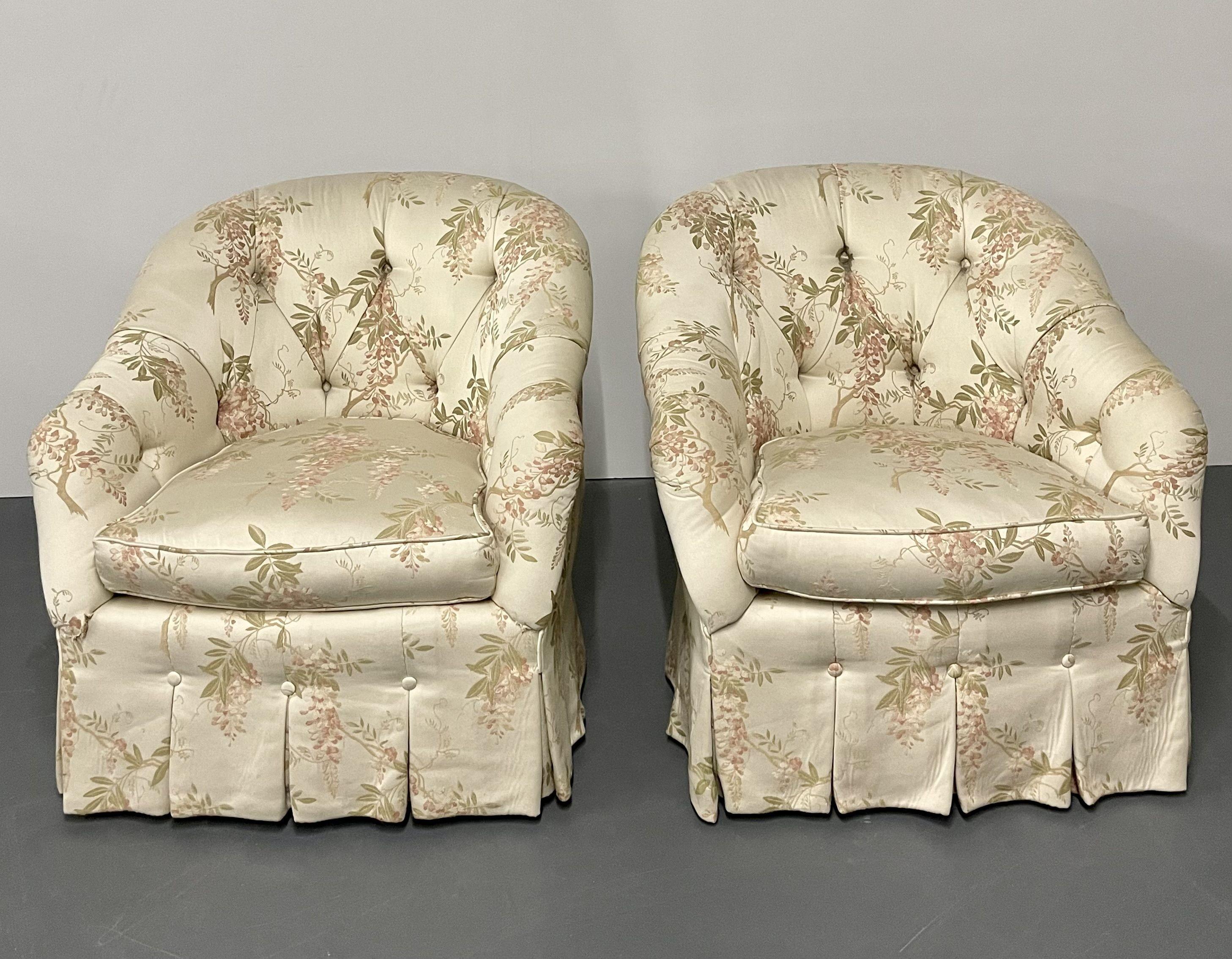 A Pair of Floral Scalamandre Swivel or Lounge Chairs, Milo Baughman. Each on a swivel circular base having an apron covering. The pair with stuffed cushions,

Seat height: 18.5 in.

Removed directly from Dr Shawn Garber's home on the Gold Coast