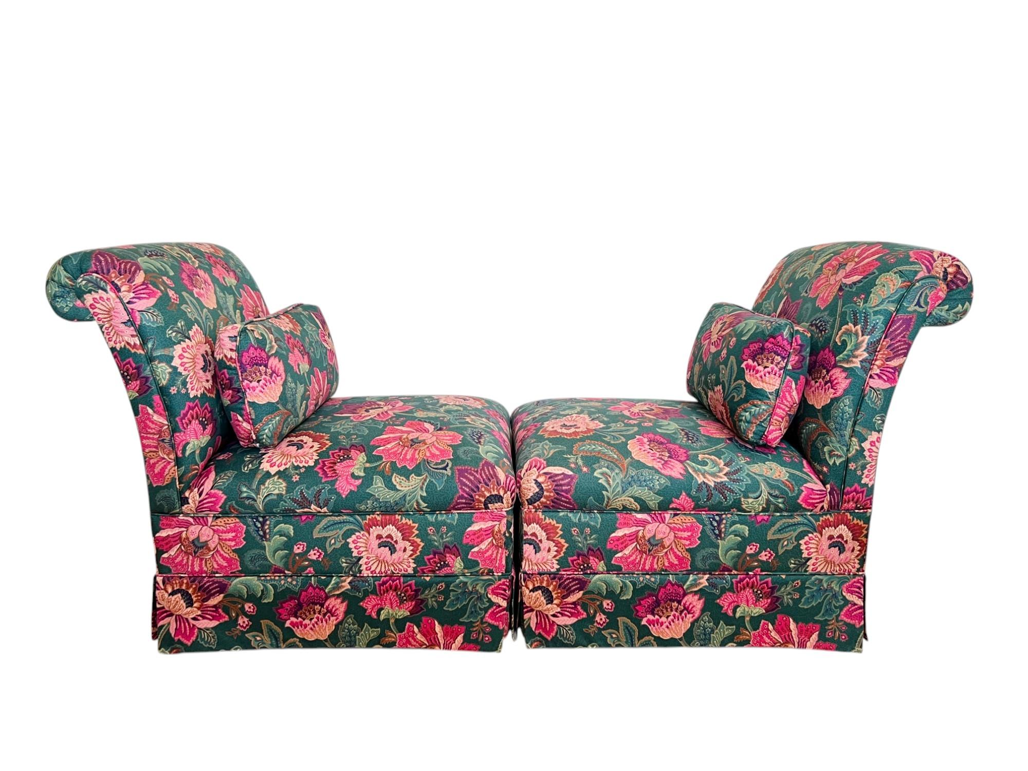 Hollywood Regency Pair of Floral Upholstered Roll Back Skirted Slipper Chairs, Late 20th C.