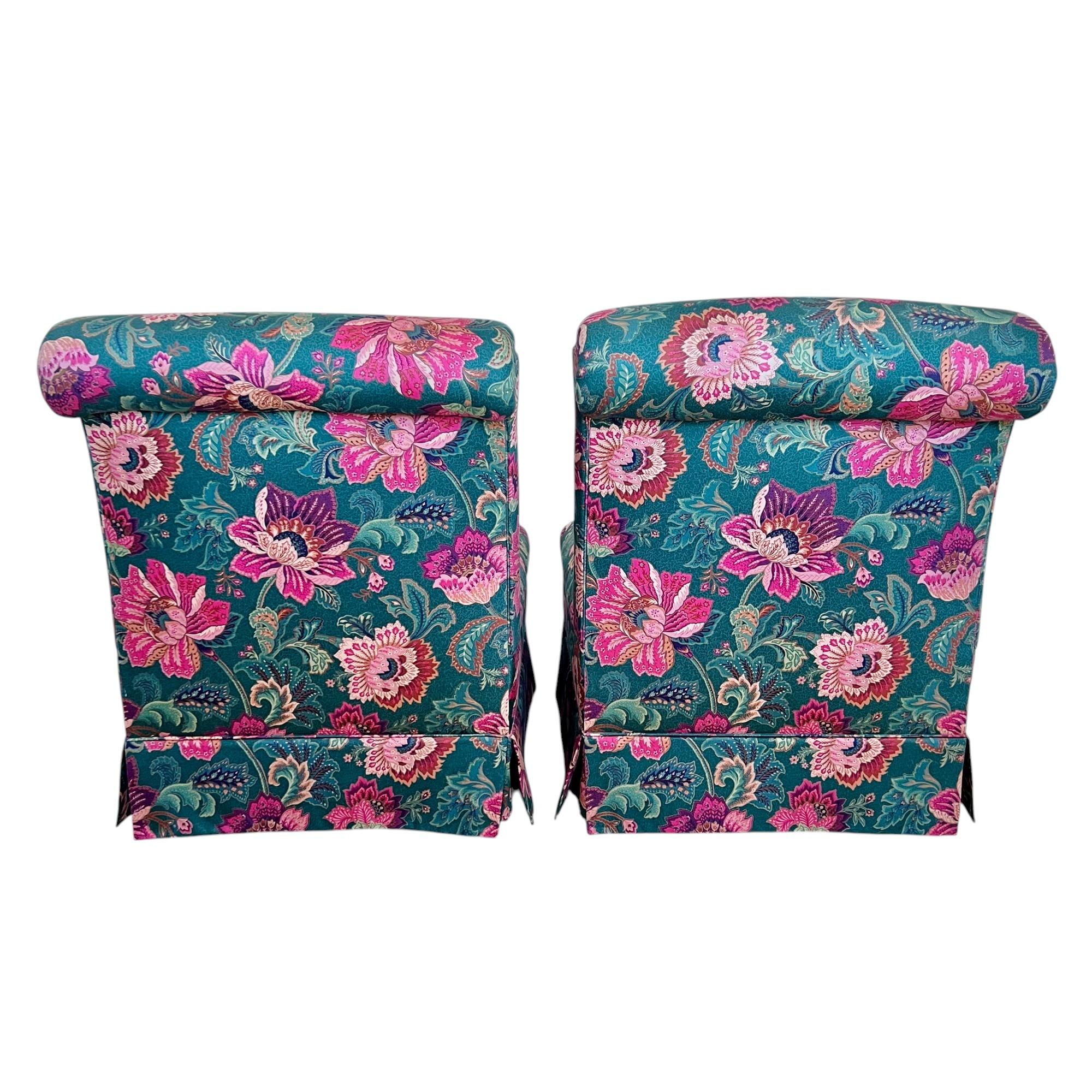 20th Century Pair of Floral Upholstered Roll Back Skirted Slipper Chairs, Late 20th C.