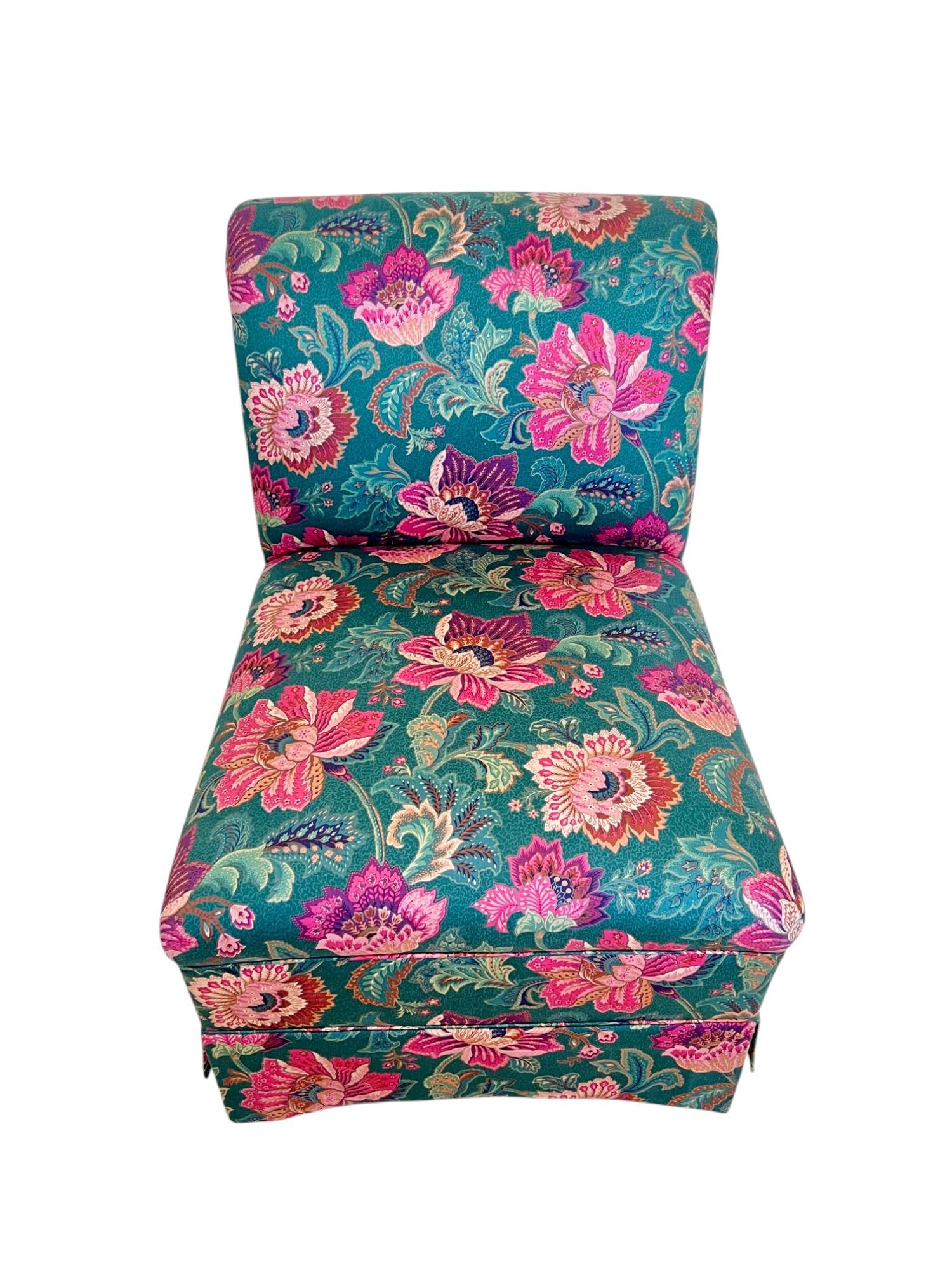 Cotton Pair of Floral Upholstered Roll Back Skirted Slipper Chairs, Late 20th C.