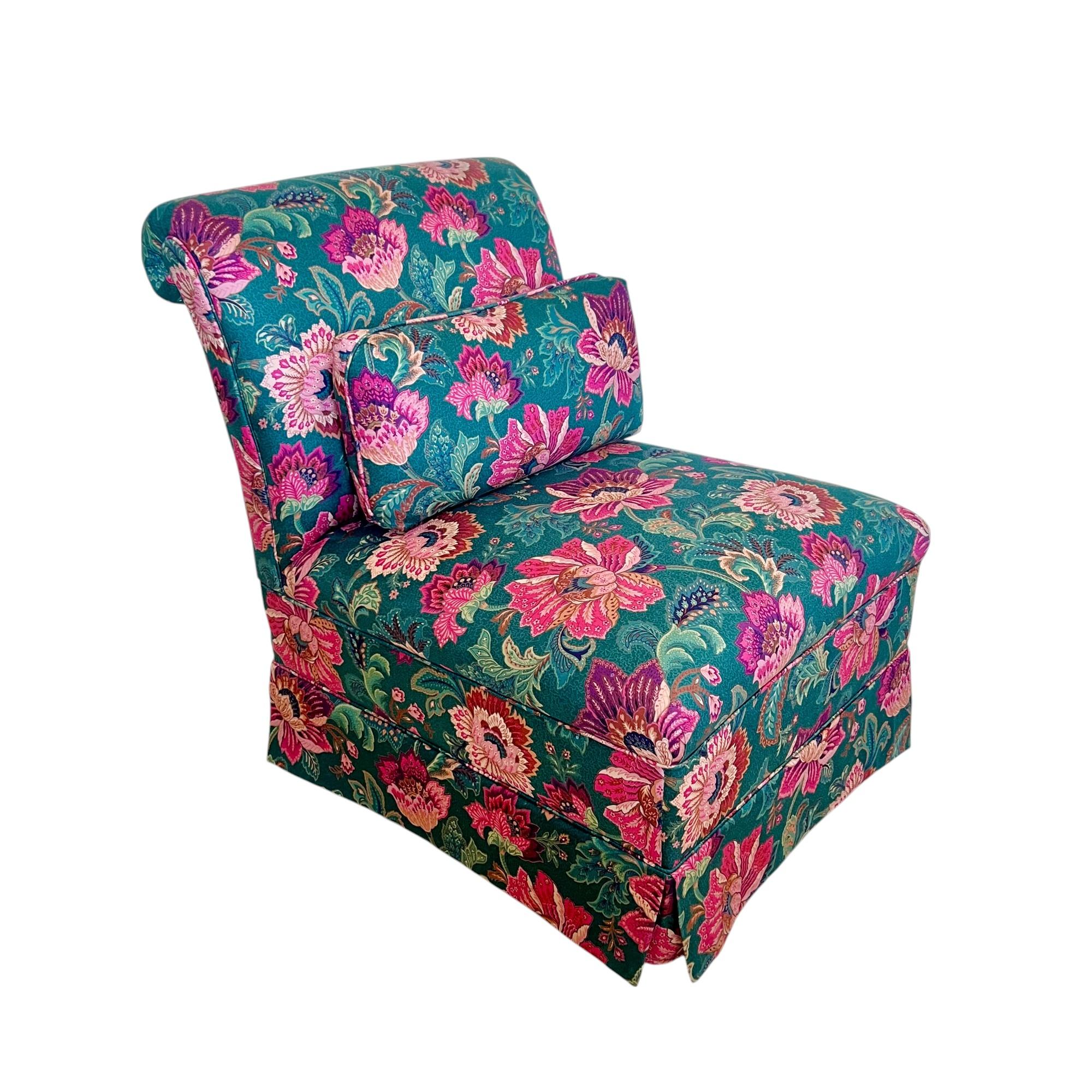 Pair of Floral Upholstered Roll Back Skirted Slipper Chairs, Late 20th C. 1