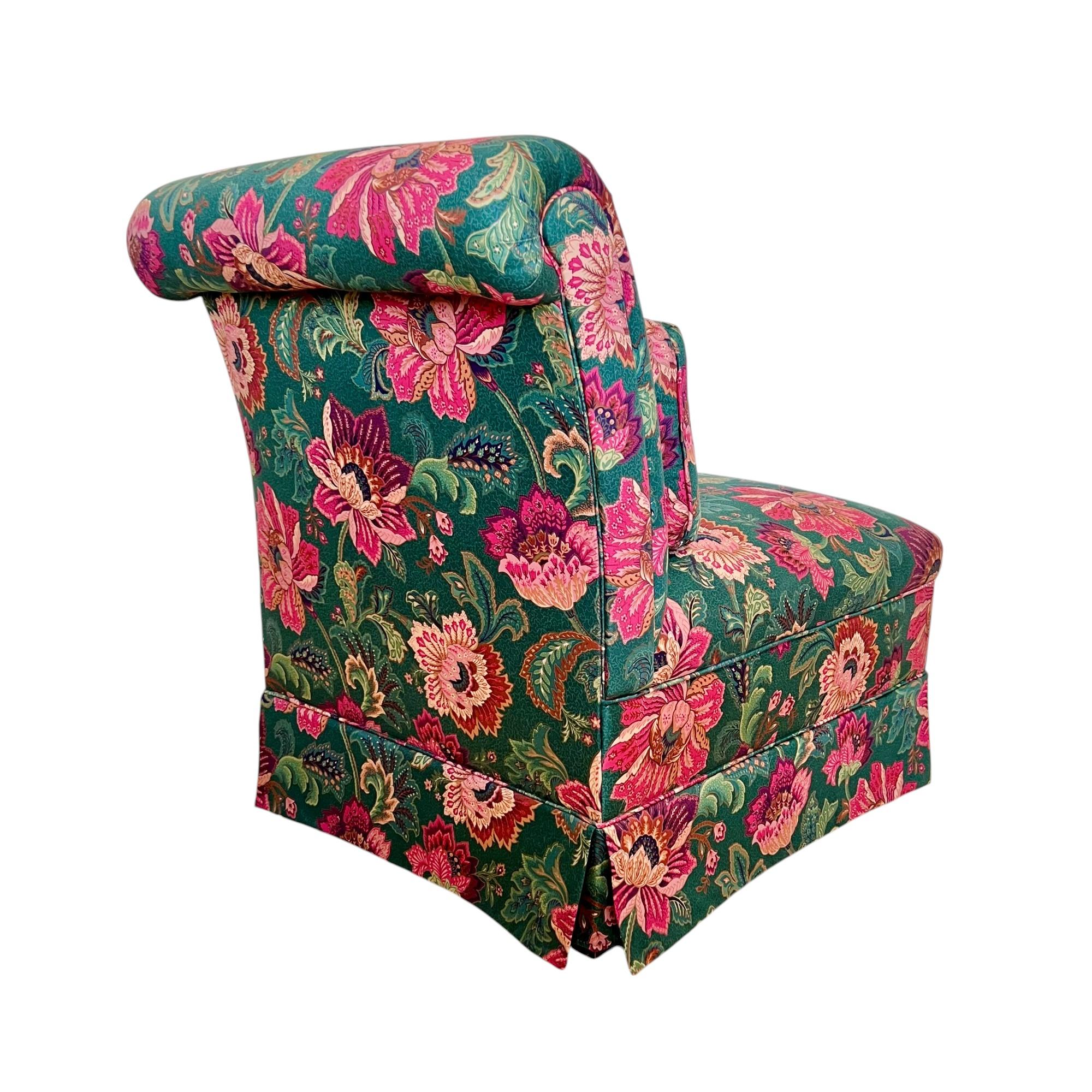 Pair of Floral Upholstered Roll Back Skirted Slipper Chairs, Late 20th C. 2