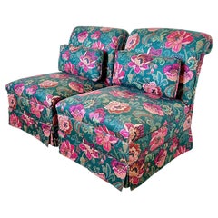 Pair of Floral Upholstered Roll Back Skirted Slipper Chairs, Late 20th C.