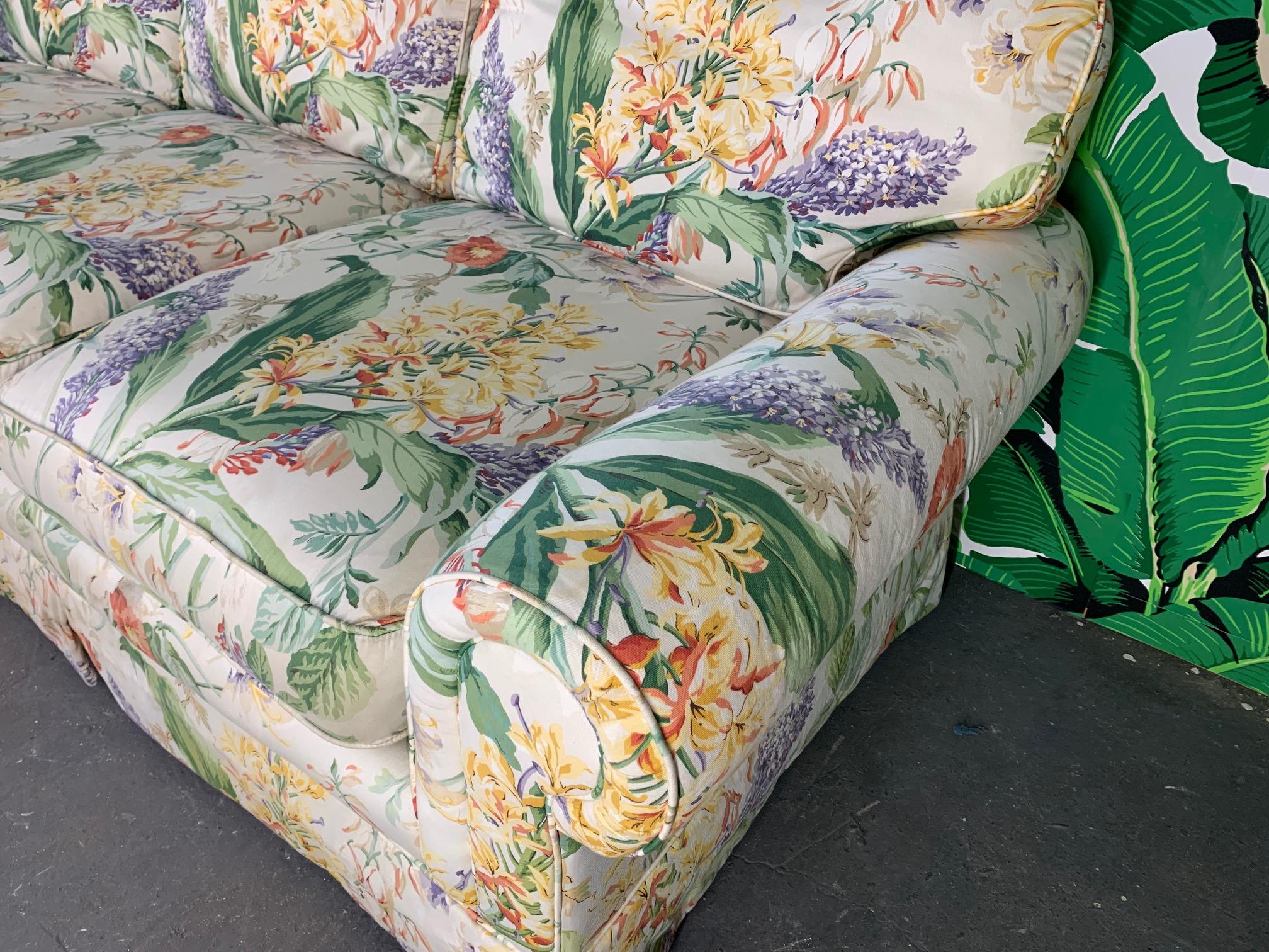 Hollywood Regency Pair of Floral Upholstered Sofas by Robb and Stucky