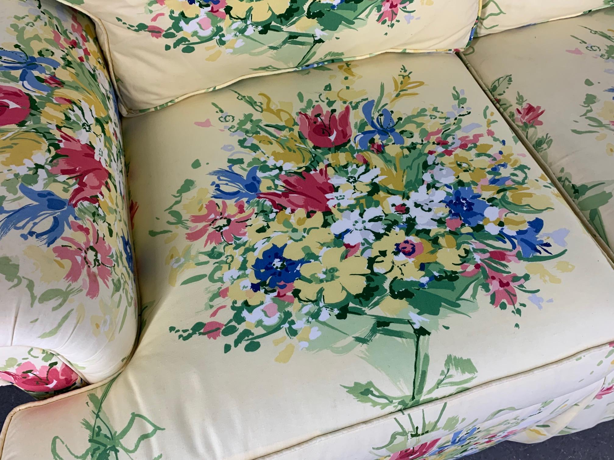 Hollywood Regency Pair of Floral Upholstered Sofas by Sherrill