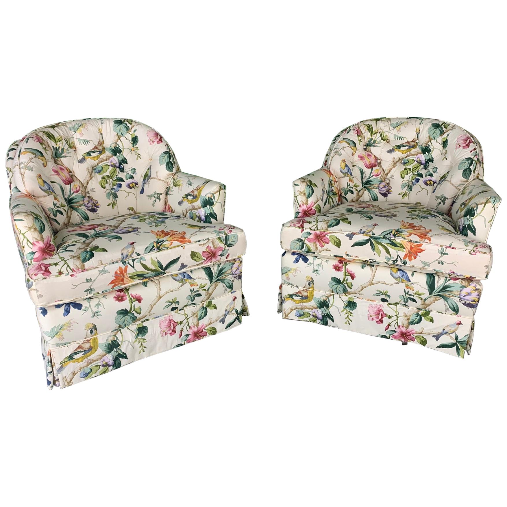 Pair of Floral Upholstered Swivel Club Chairs