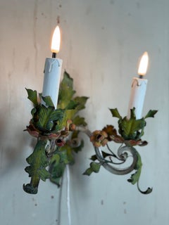 Pair of floral wall sconces in polychrome metal, around 1900