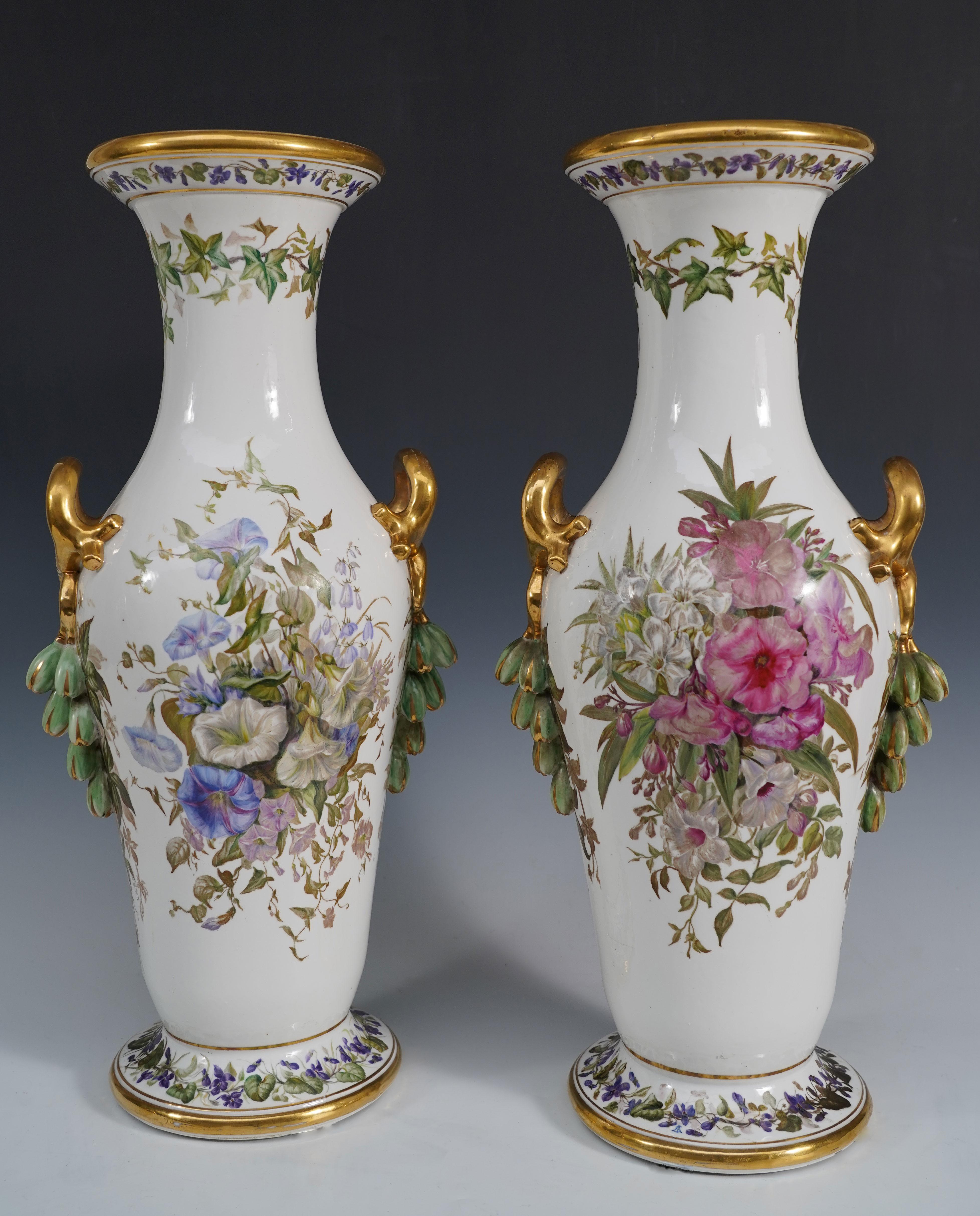 Napoleon III Pair of Florals Vases Porcelaine de Paris, France, Circa 1880 For Sale