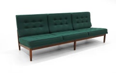 Pair of Florence Knoll Armless Sofas, Walnut Frames and Original Green Fabric