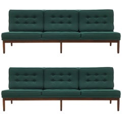 Pair of Florence Knoll Armless Sofas, Walnut Frames and Original Green Fabric