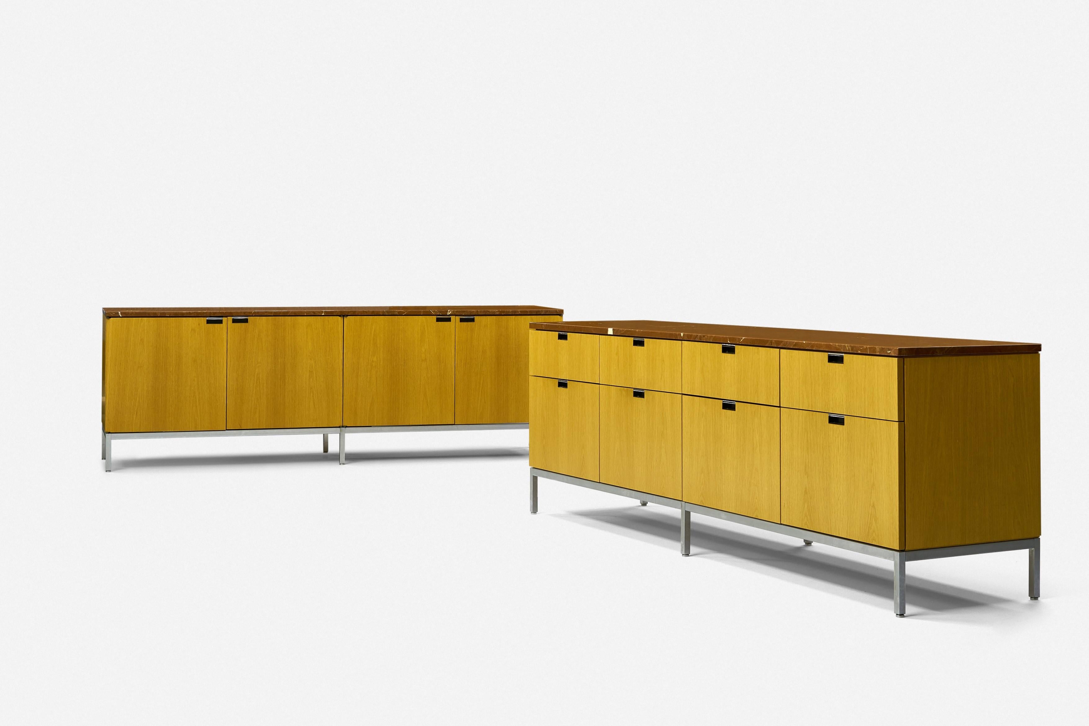 Florence Knoll

Pair of credenzas 
Knoll Associates
USA, 1961 design date
Oak veneer, marble, chrome-plated steel, aluminum.

One cabinet has adjustable shelving. The tops of each cabinet have Rojo Alicante marble. This color combination is