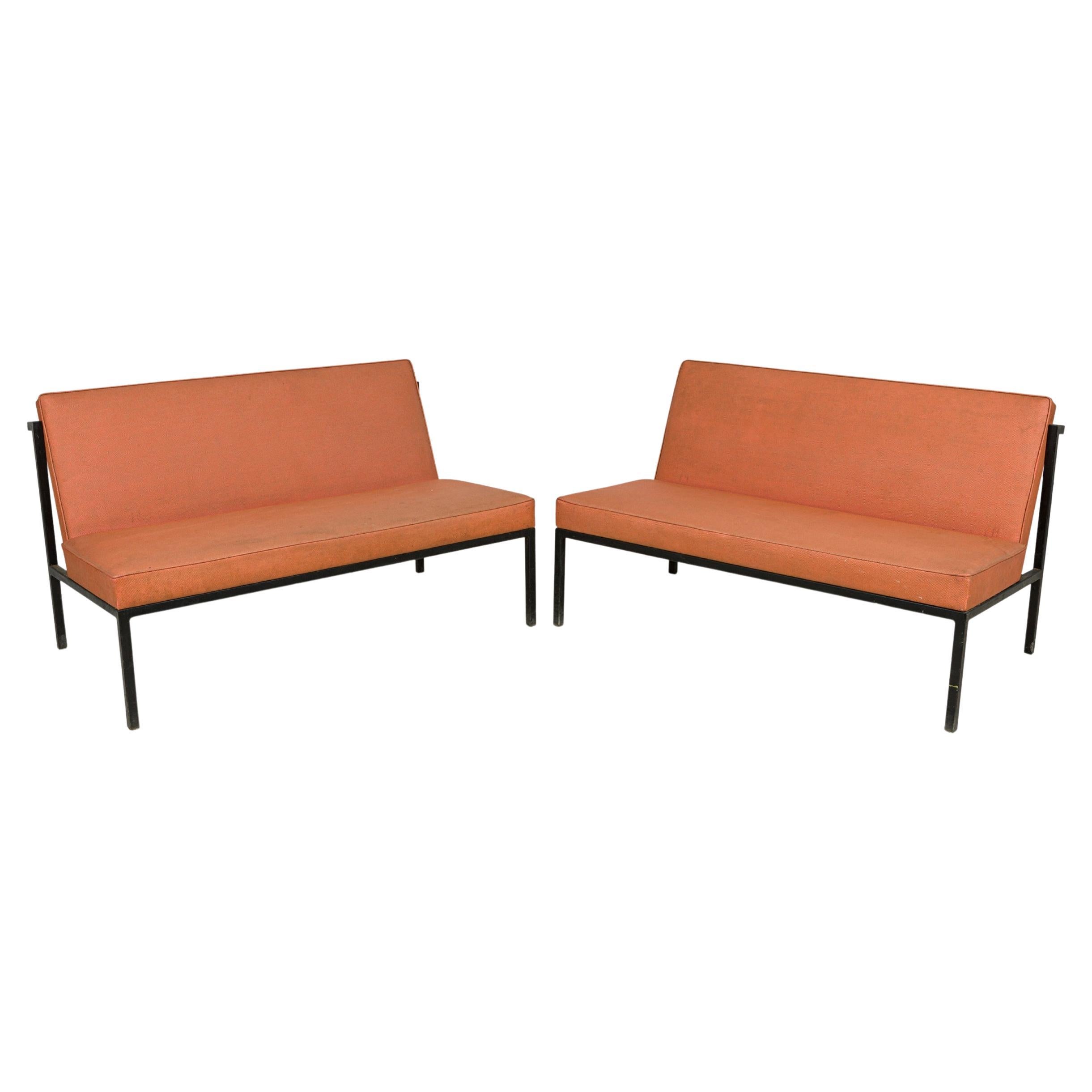 Pair of Florence Knoll / Knoll Light Orange Upholstered Settees For Sale