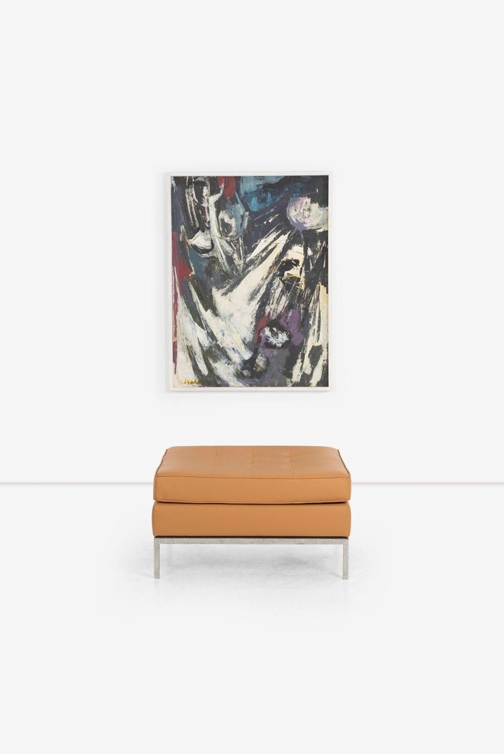 Pair of Florence Knoll Model 1209PC Leather Ottomans, 1965
Reupholstered in Spinneybeck Leather
A classic pair of Florence Knoll ottomans, model 1209PC, originally designed in 1965. These generously scaled pieces feature square profiles with tufted