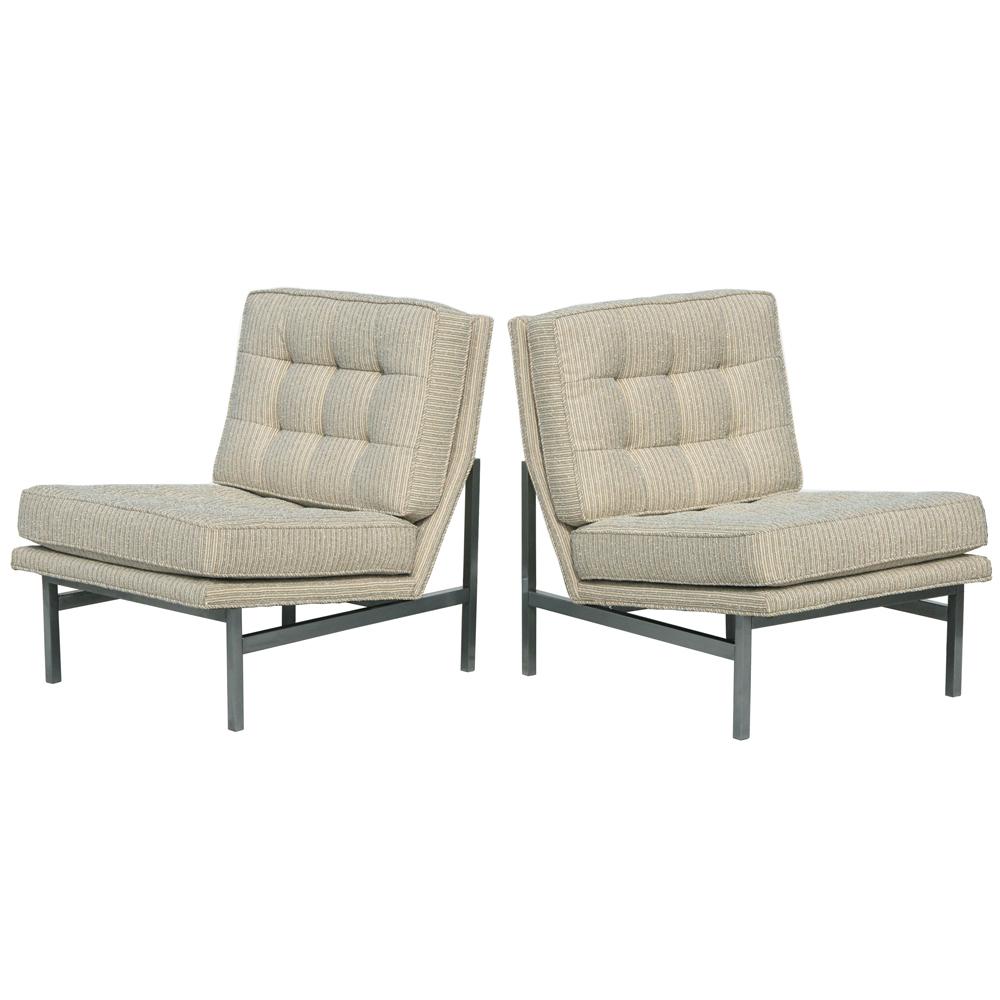 Pair of restored Florence Knoll lounge chairs from 1950s
 
A pair of vintage Florence Knoll lounge chairs on chrome bases. Recently re-upholstered in a textured pinstripe. 
 