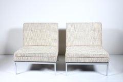Pair Florence Knoll Model 65 Chrome & Oatmeal Fabric Slipper Lounge Chairs, 1973