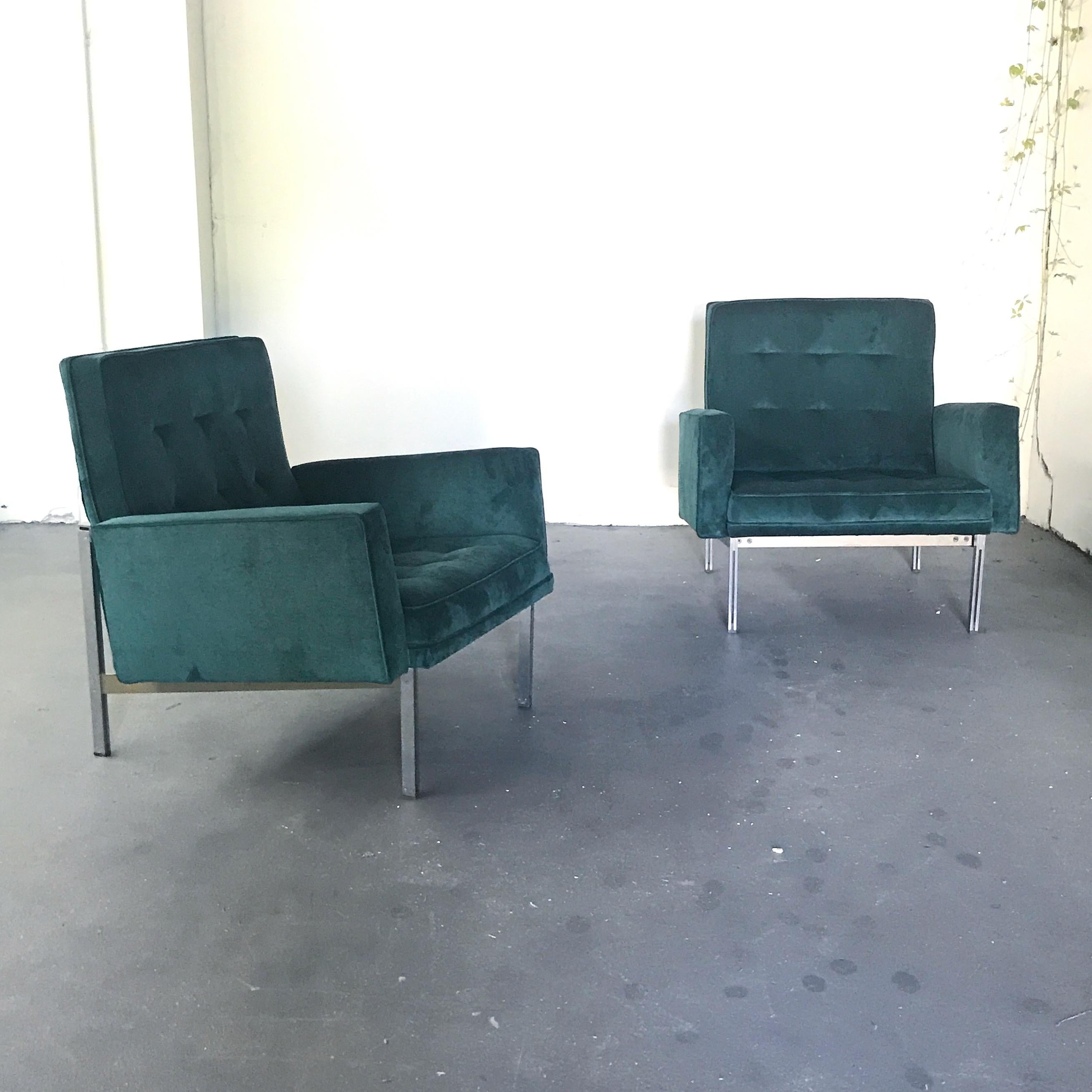 Pair of Florence Knoll Parallel Bar velvet lounge chairs in great condition.