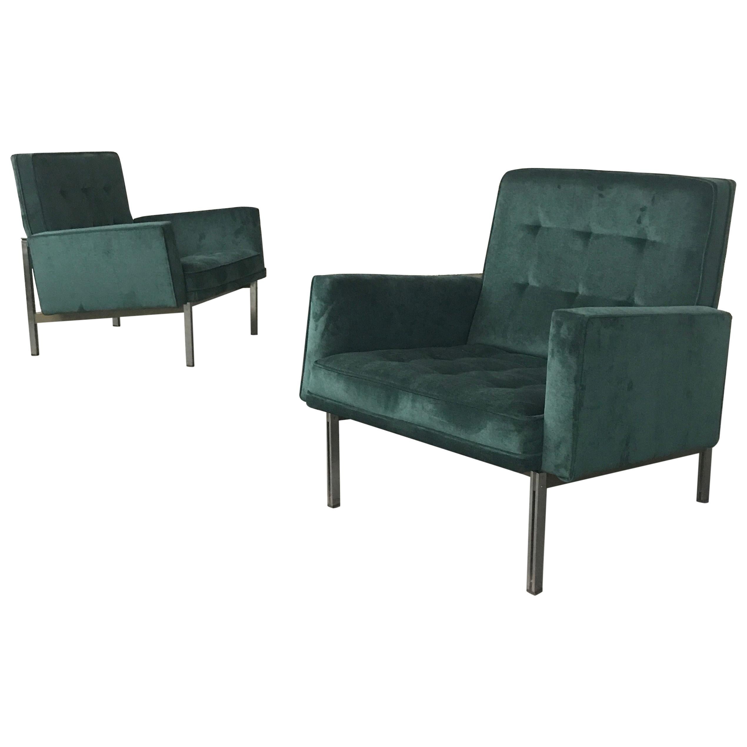 Pair of Florence Knoll Parallel Bar Velvet Lounge Chairs
