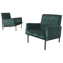 Pair of Florence Knoll Parallel Bar Velvet Lounge Chairs
