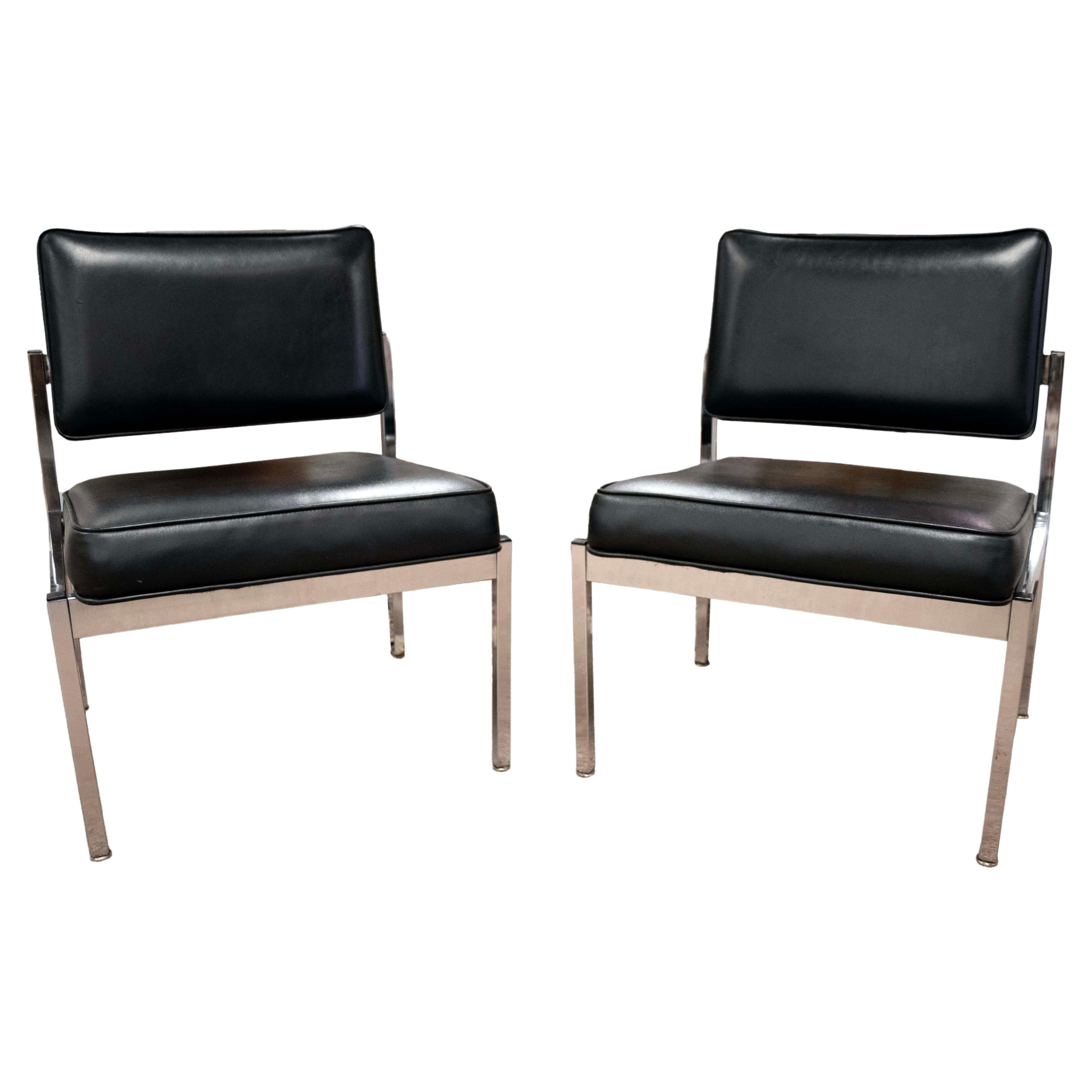Pair of Florence Knoll Slipper Chairs in Black Leather Brushed Stainless Steel