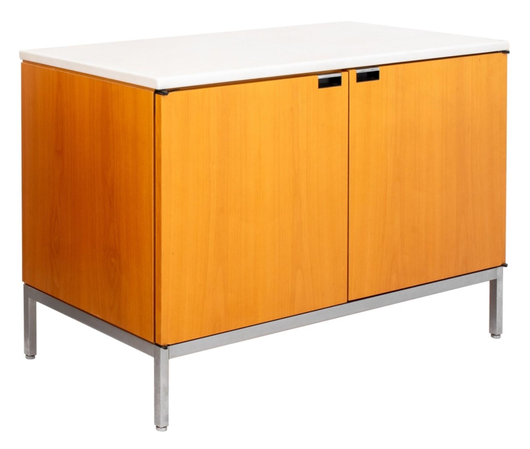 
The Pair of Florence Knoll Style Midcentury Modern Consoles has,

Dimensions of approximately 27.5 inches in height, 37.5 inches in width, and 18 inches in depth.

 These pieces are designed in the manner of Florence Knoll and can be described as
