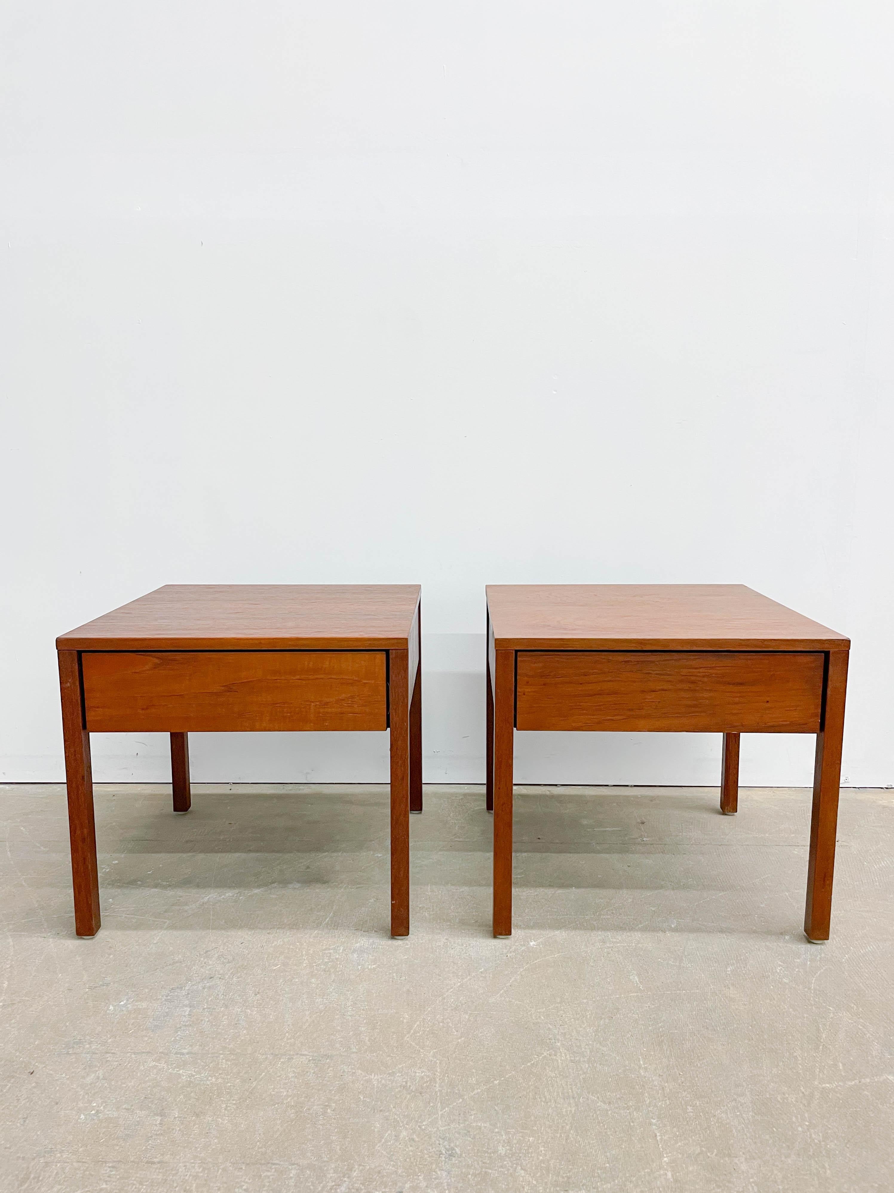 This is a perfect example of classic Florence Knoll restrained modern design -- effortlessly pairing beauty with functionality. These Knoll night stands were designed in the 1950s and produced by Knoll Associates. Each offers beautiful teak veneer