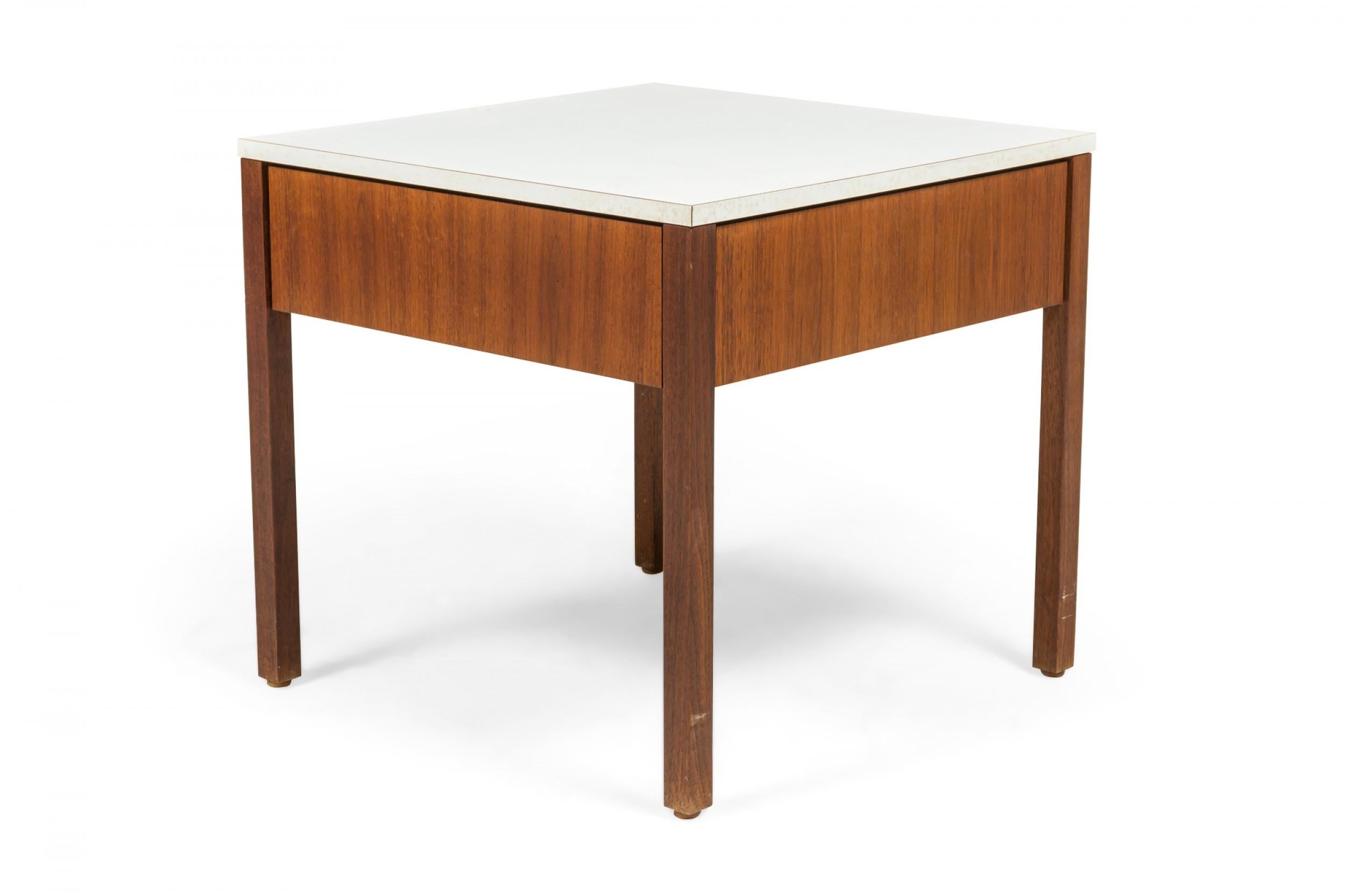 Wood Pair of Florence Knoll White Laminate and Walnut Square Nightstands / End Tables For Sale
