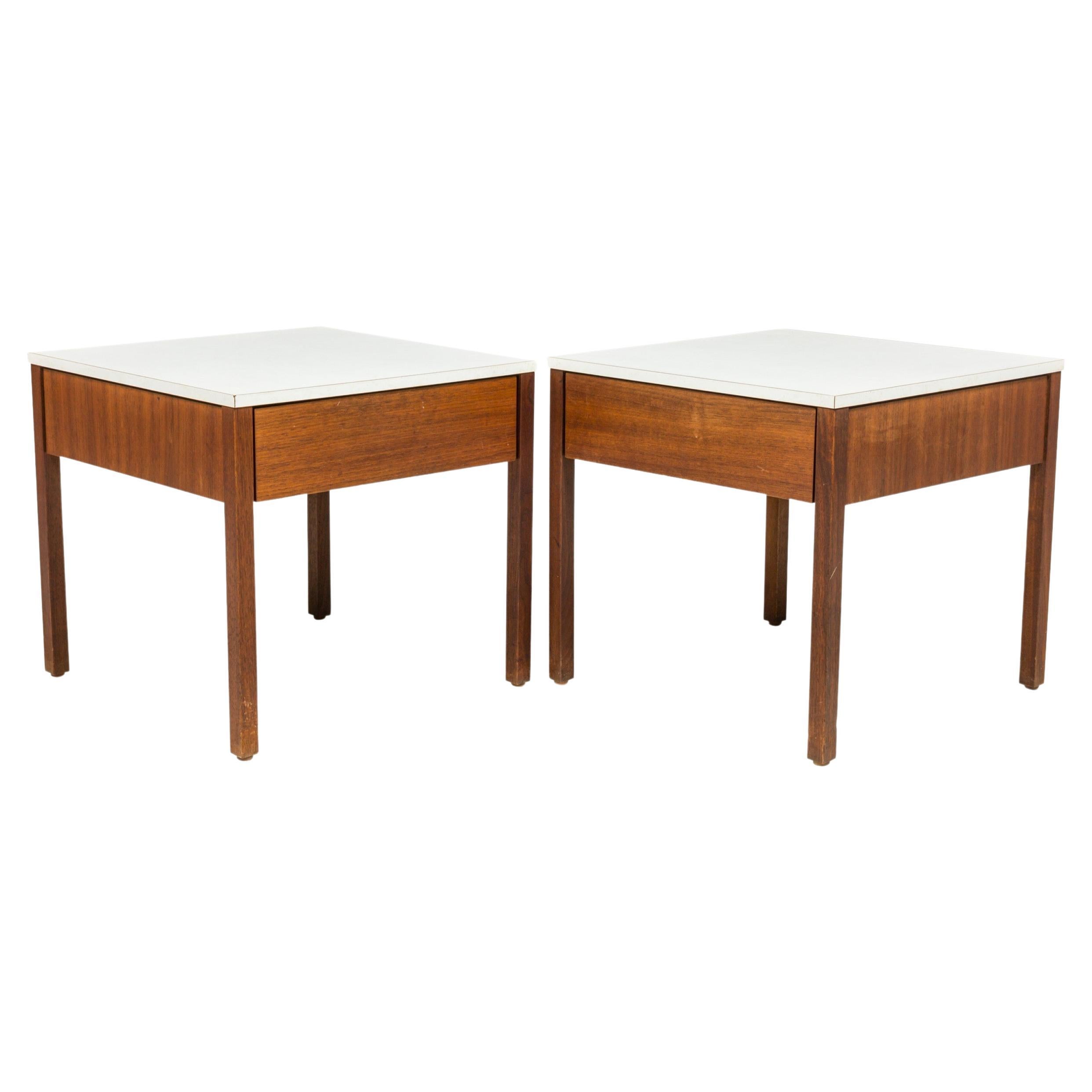 Pair of Florence Knoll White Laminate and Walnut Square Nightstands / End Tables