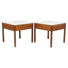 Pair of Florence Knoll White Laminate and Walnut Square Nightstands / End Tables