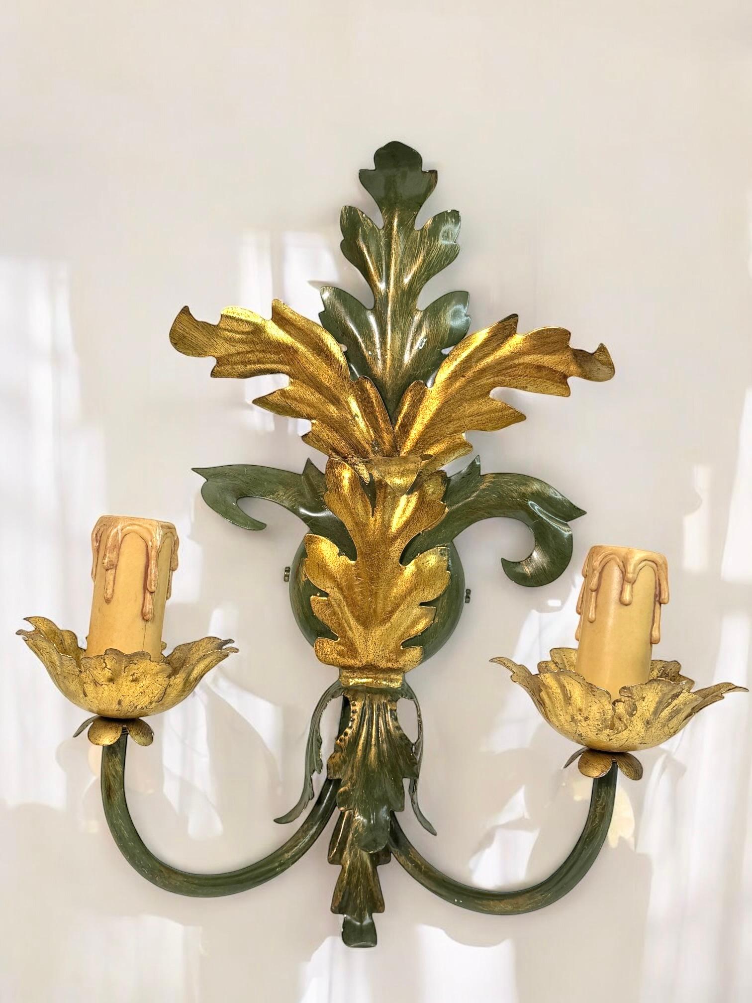 Pair of Florentine 2 Light Tole Toleware Sconces by Eglo Austria For Sale 3