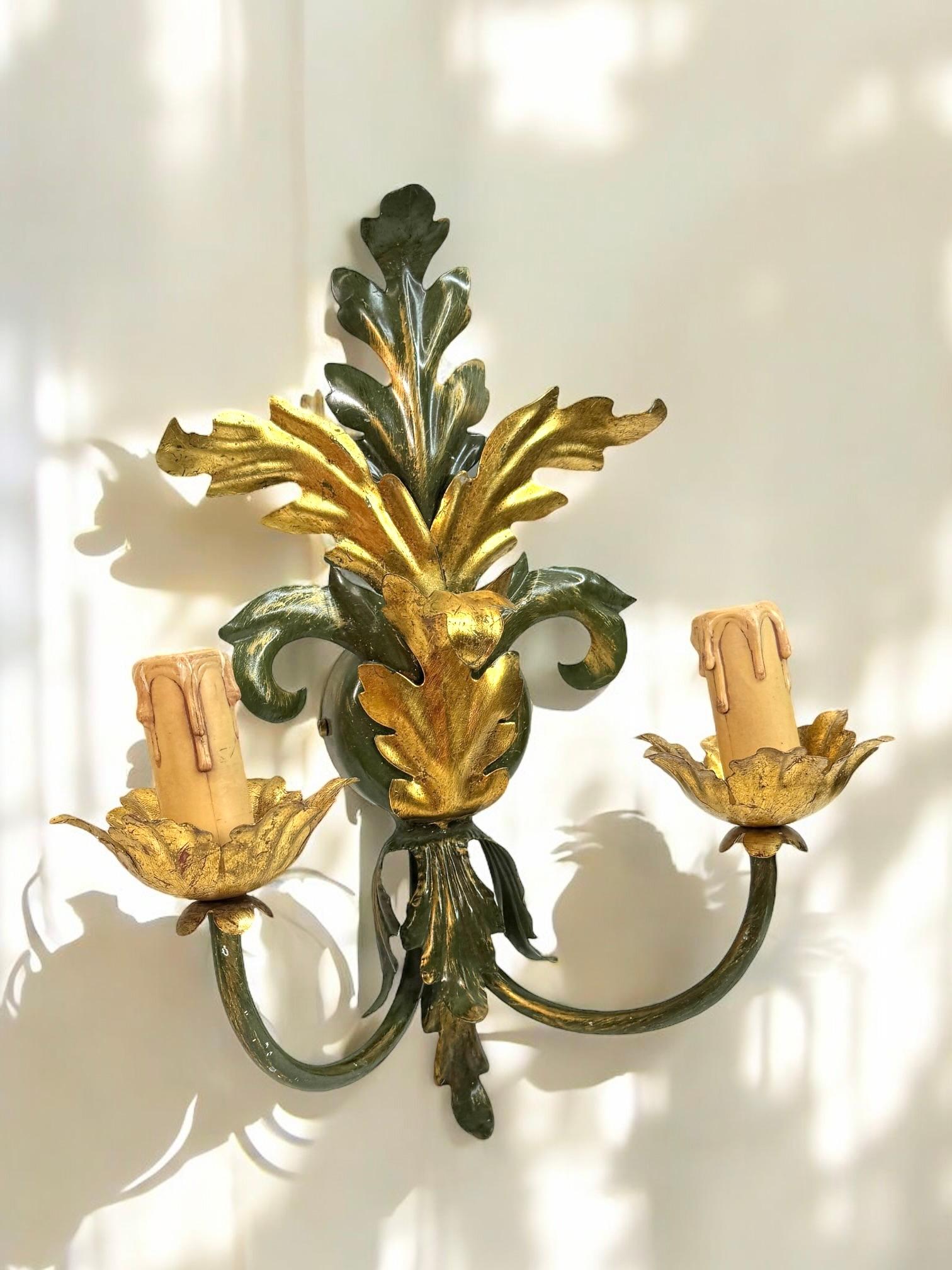 Pair of Florentine 2 Light Tole Toleware Sconces by Eglo Austria For Sale 4